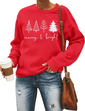 Merry Bright Sweatshirts Women Christmas Trees Sweatshirt Cute Xmas Gift Long Sleeve Shirt Pullover Tops