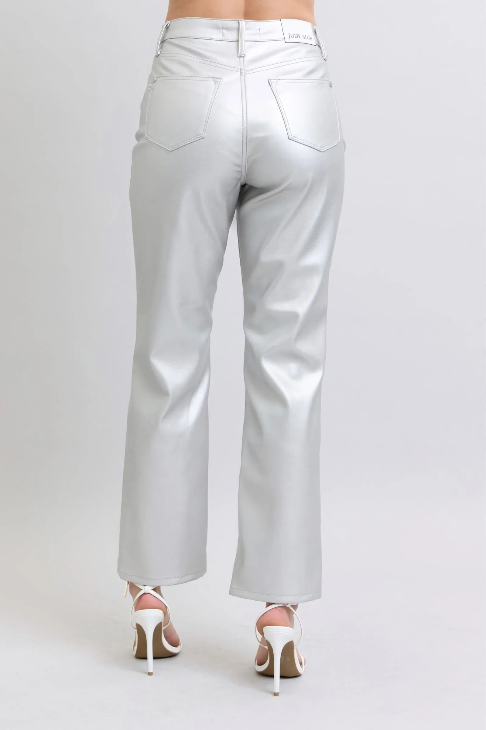 Millie High Waisted Tummy Control Metallic Silver Faux Leather Straight Jeans