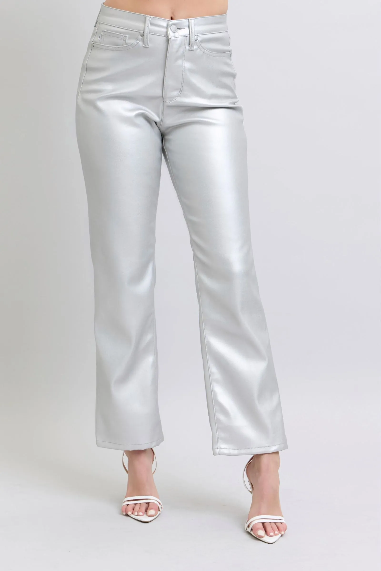 Millie High Waisted Tummy Control Metallic Silver Faux Leather Straight Jeans