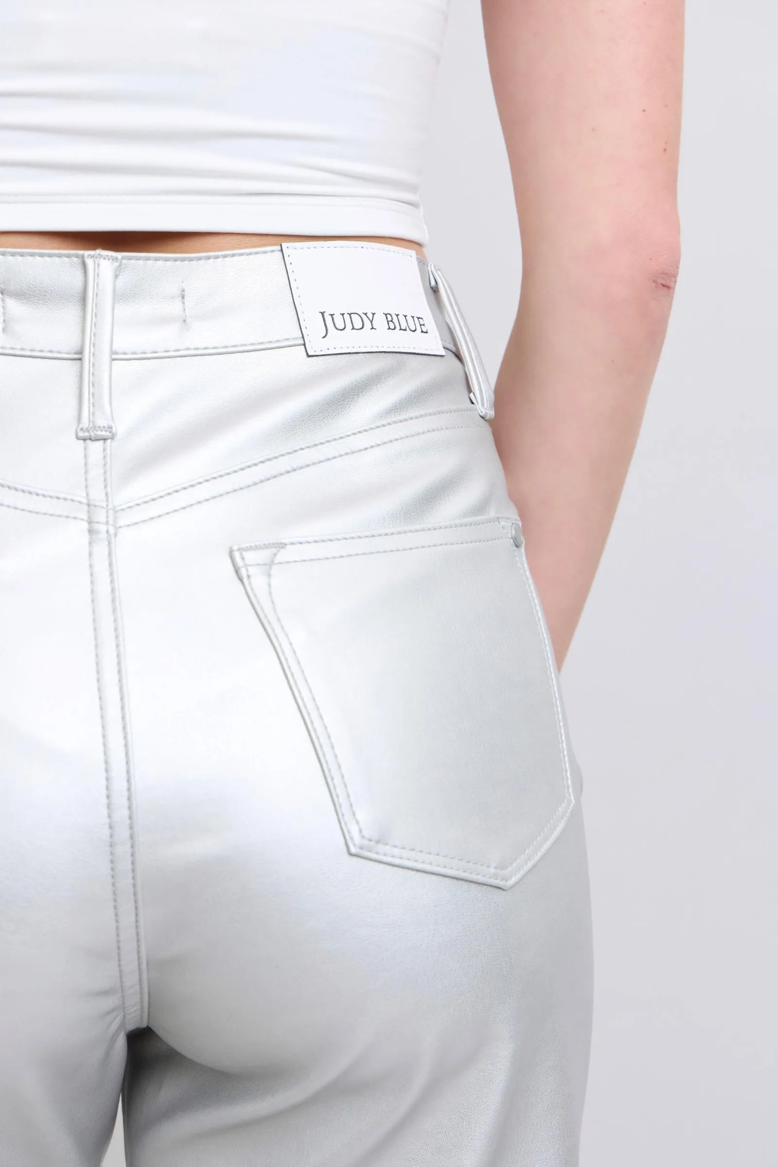 Millie High Waisted Tummy Control Metallic Silver Faux Leather Straight Jeans