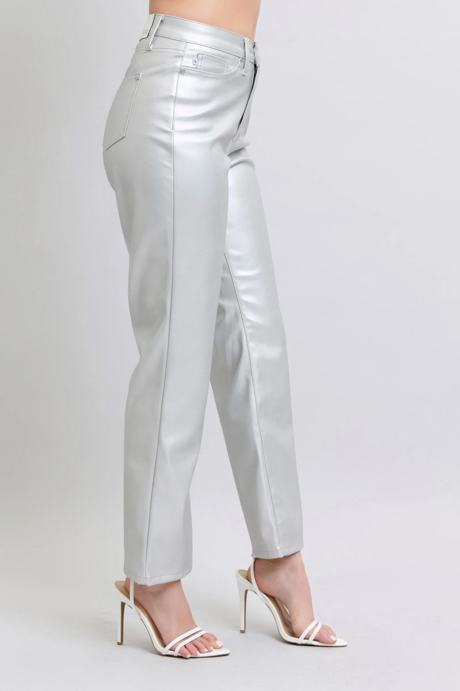 Millie High Waisted Tummy Control Metallic Silver Faux Leather Straight Jeans
