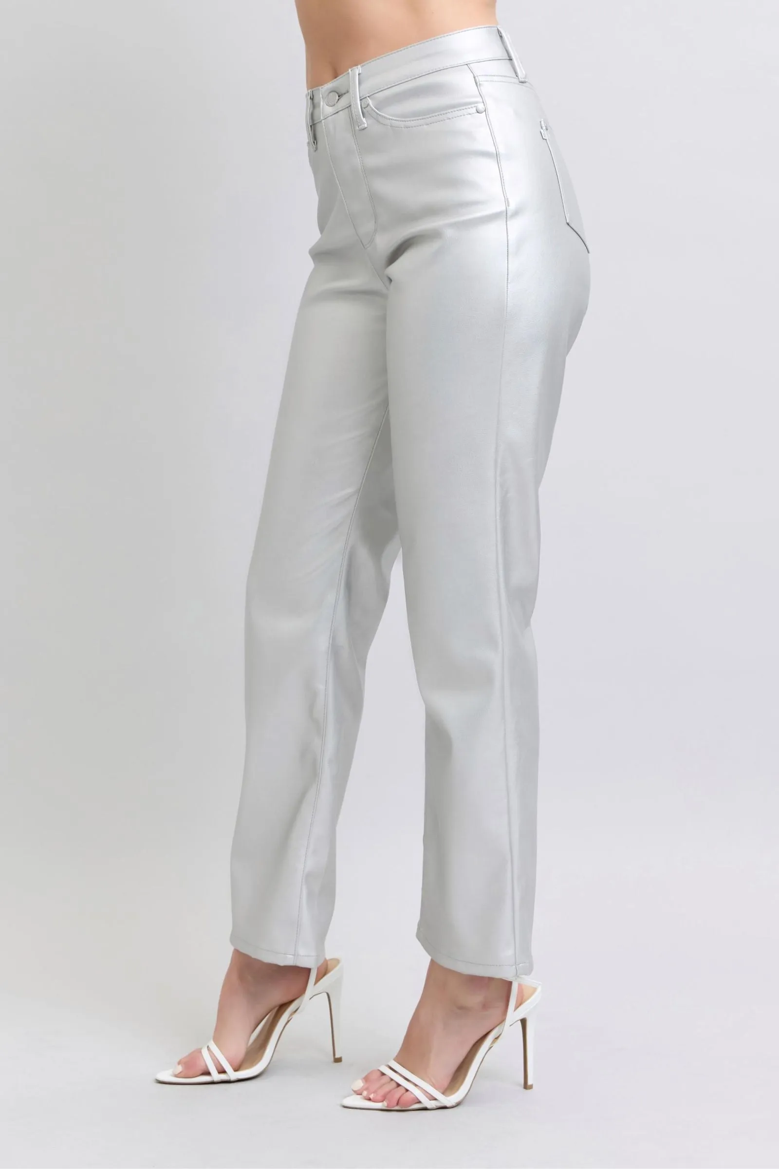 Millie High Waisted Tummy Control Metallic Silver Faux Leather Straight Jeans