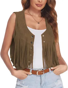 MINTLIMIT Women's Fringe Vest Sleeveless Tassel Jacket Faux Suede Rivets Western Cowgirl Waistcoat 70s Hippie Outfit