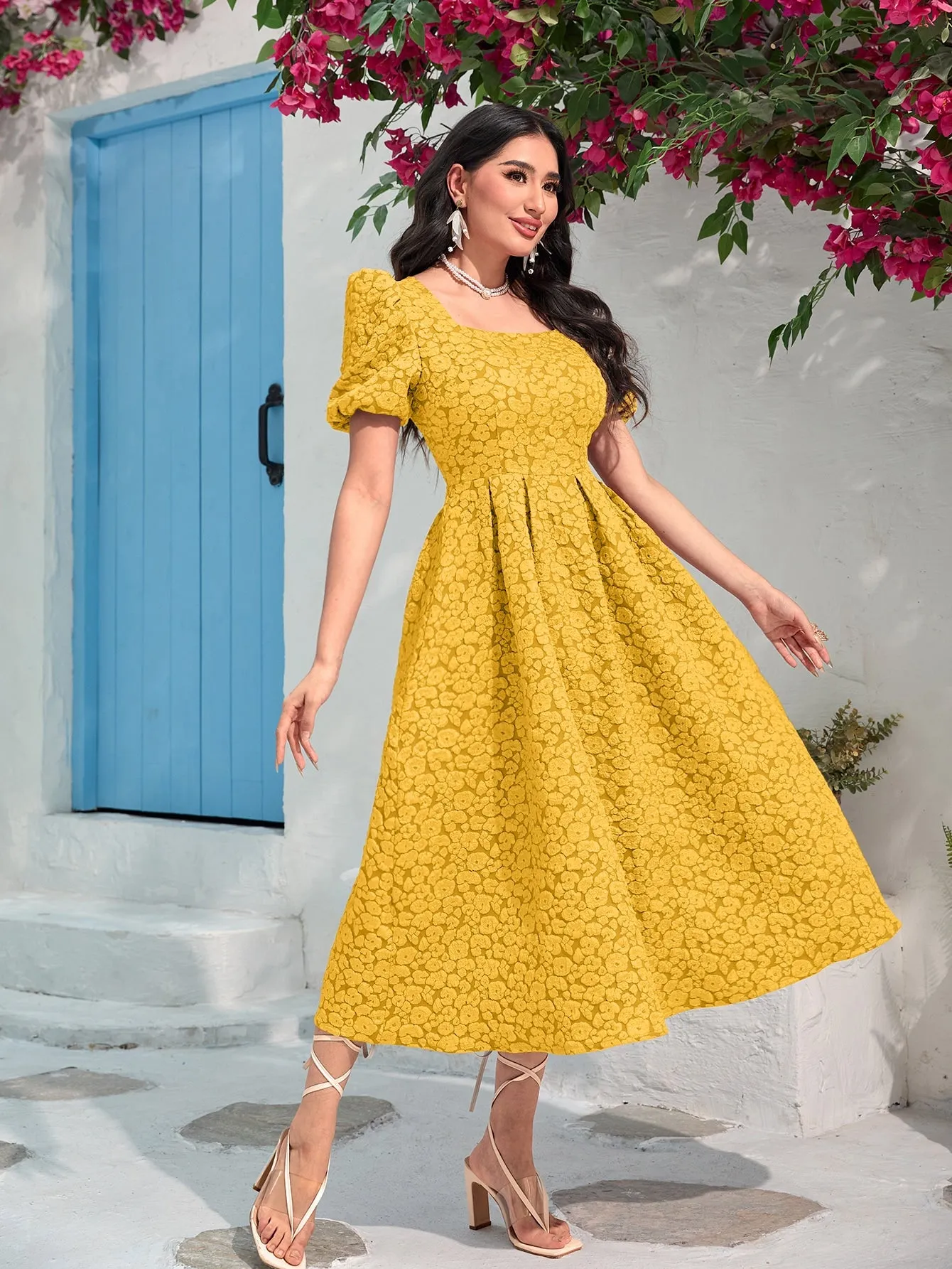 Modely Jacquard Square Neck Puff Sleeve Dress Without Belt
