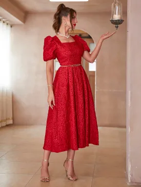 Modely Jacquard Square Neck Puff Sleeve Dress Without Belt
