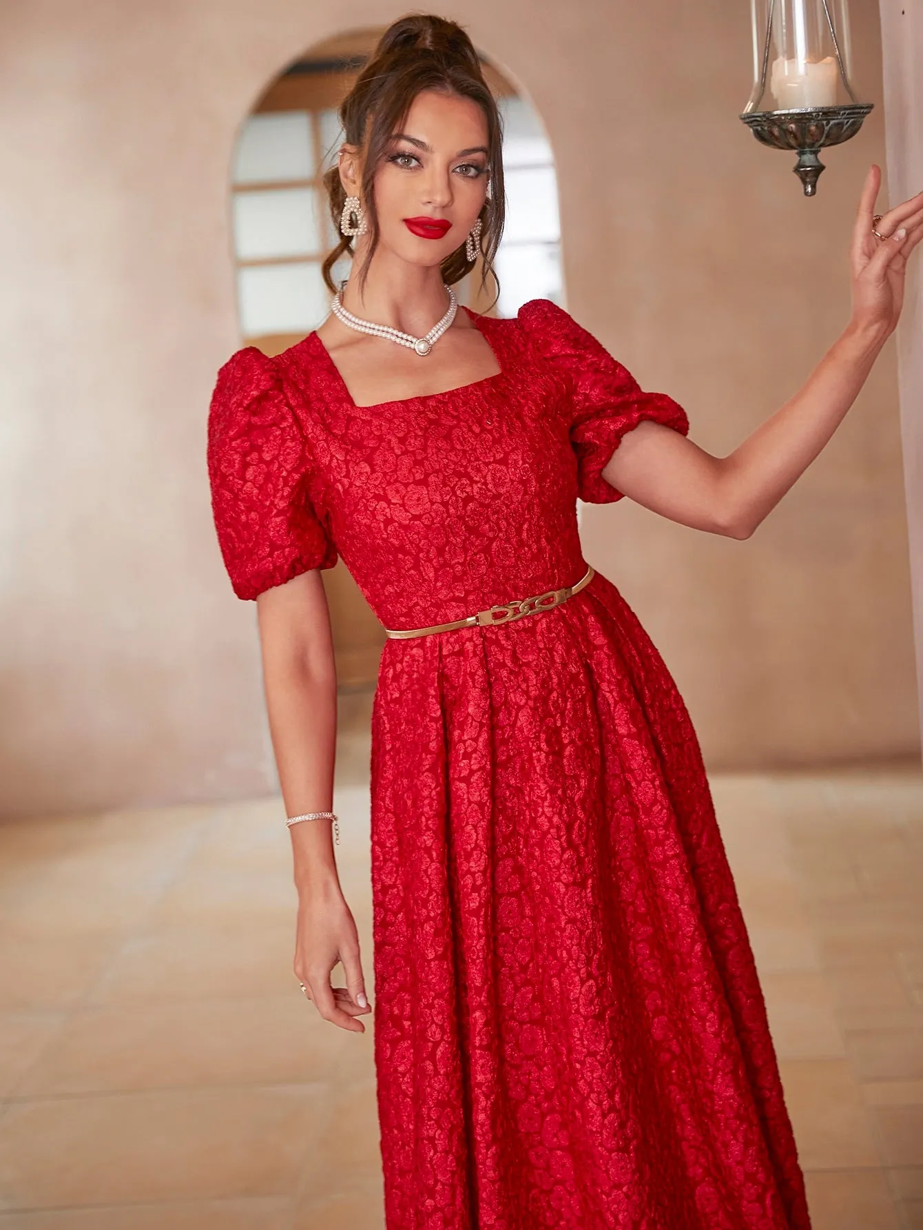 Modely Jacquard Square Neck Puff Sleeve Dress Without Belt