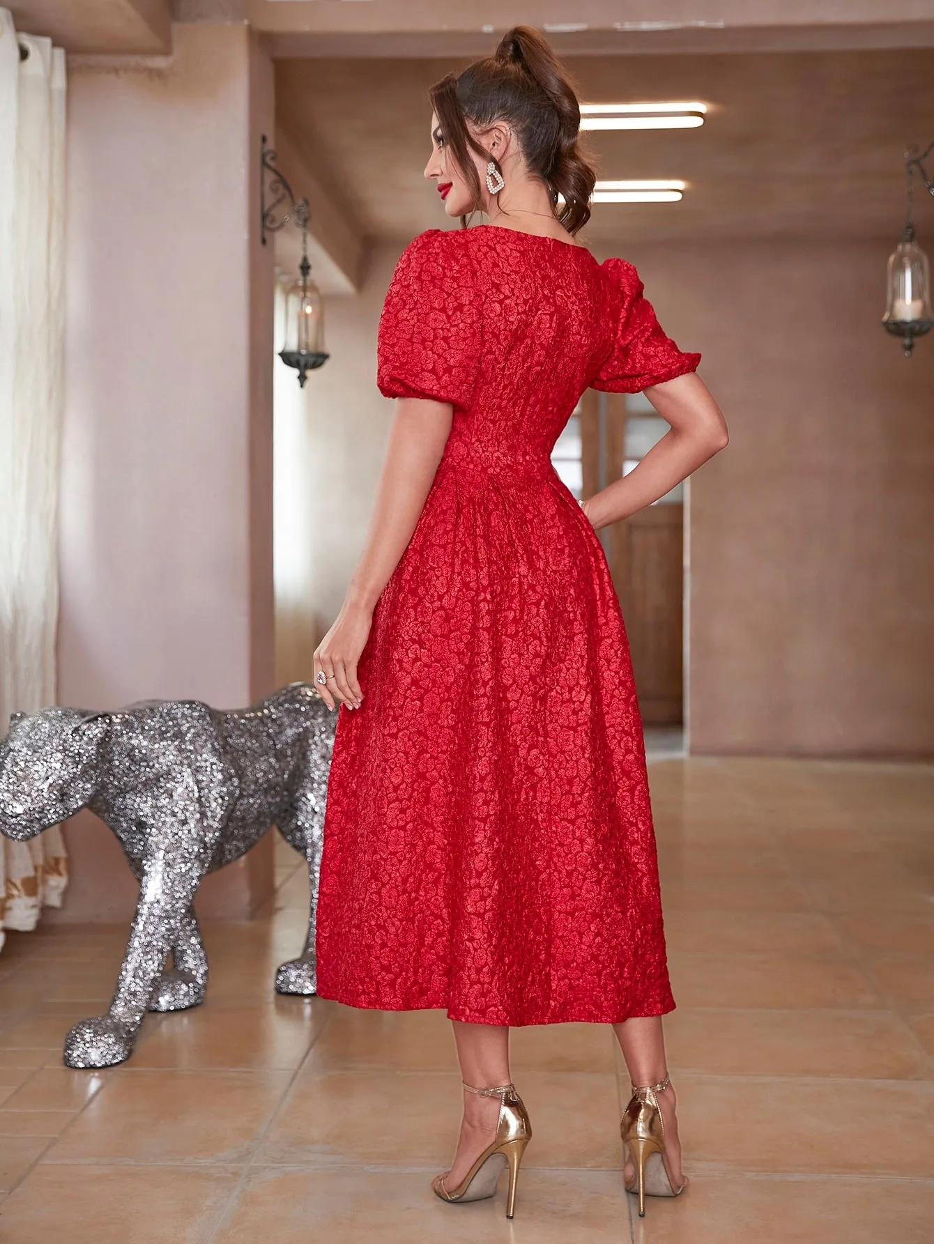 Modely Jacquard Square Neck Puff Sleeve Dress Without Belt