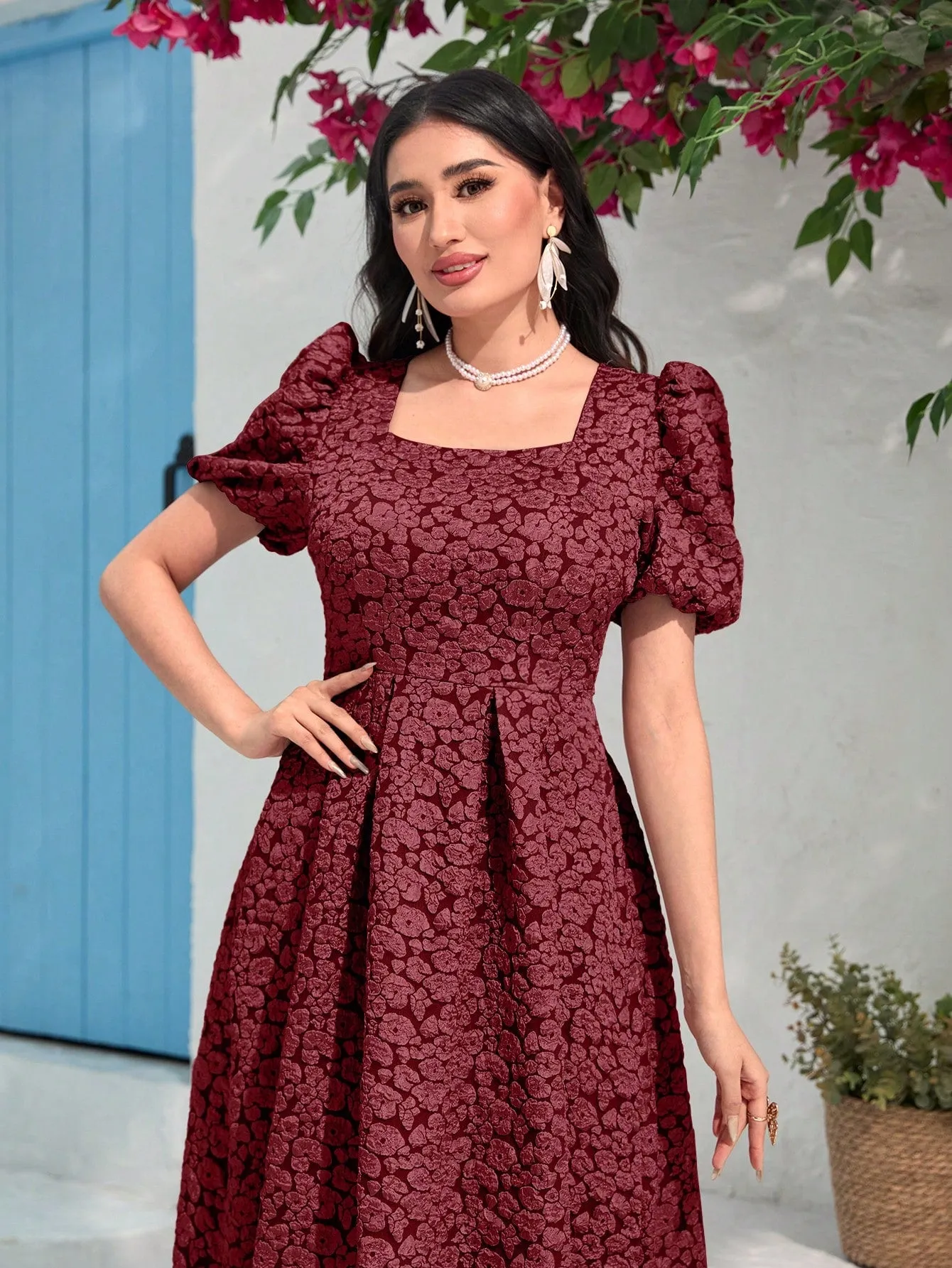 Modely Jacquard Square Neck Puff Sleeve Dress Without Belt
