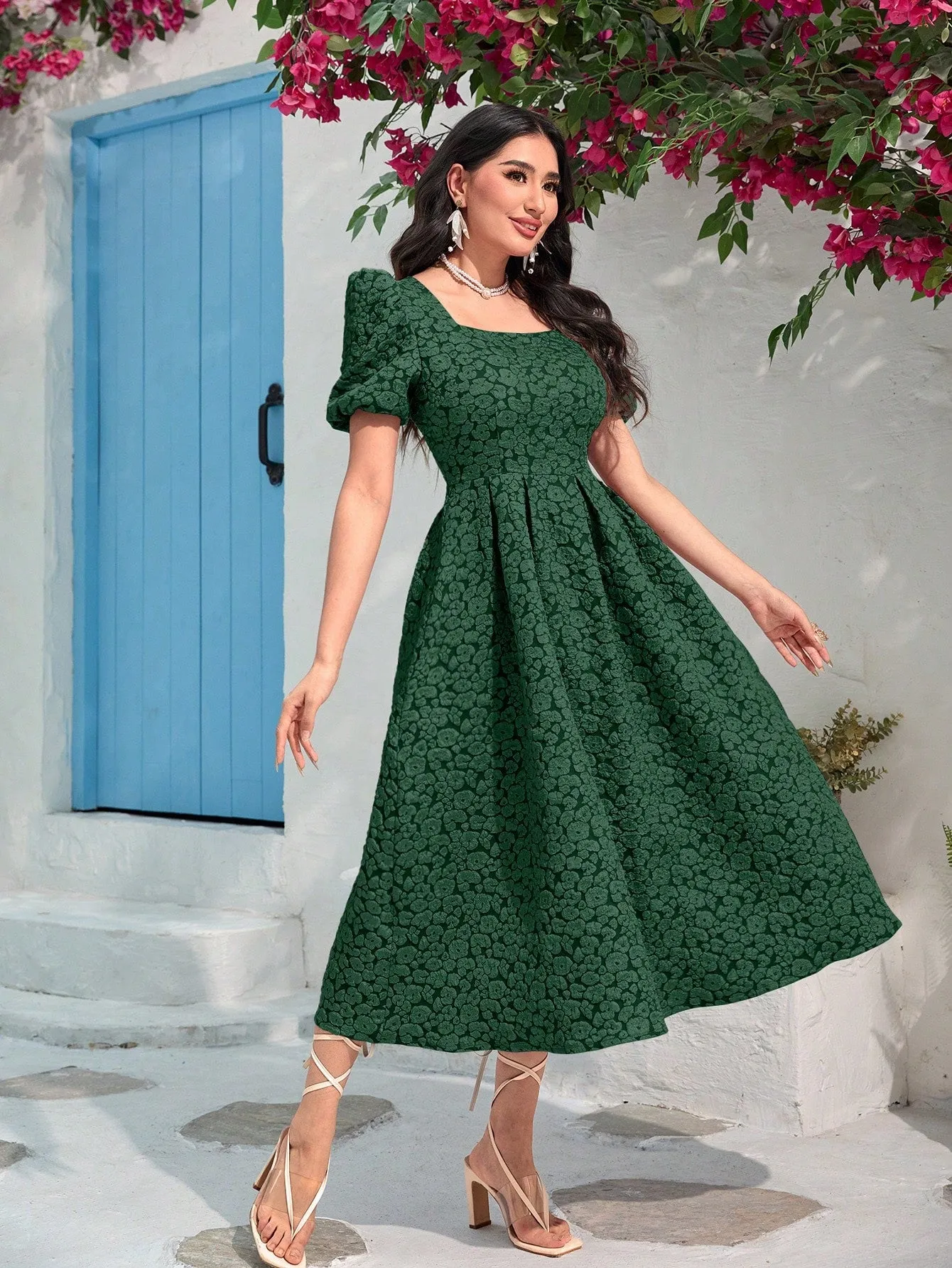 Modely Jacquard Square Neck Puff Sleeve Dress Without Belt