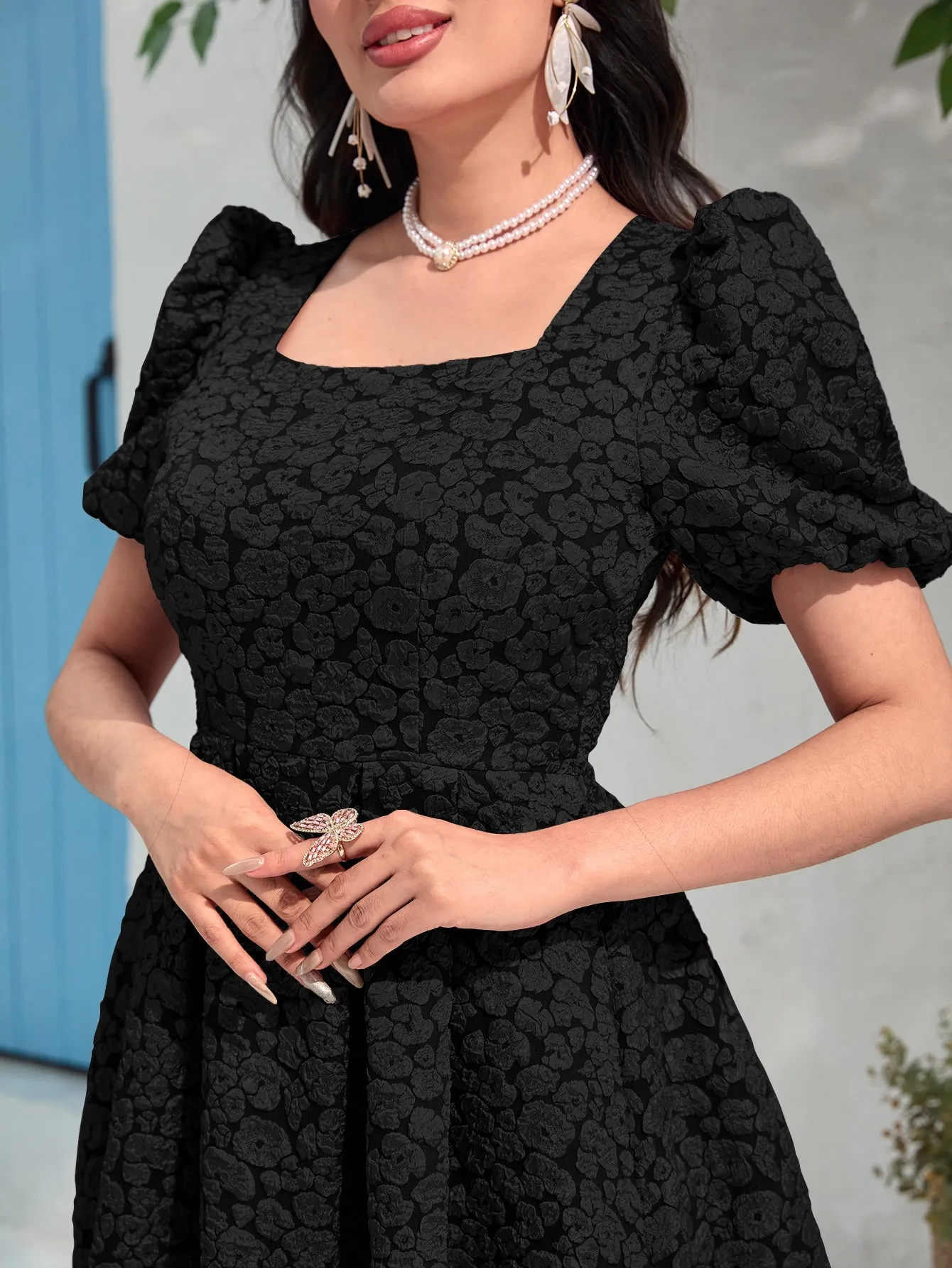 Modely Jacquard Square Neck Puff Sleeve Dress Without Belt