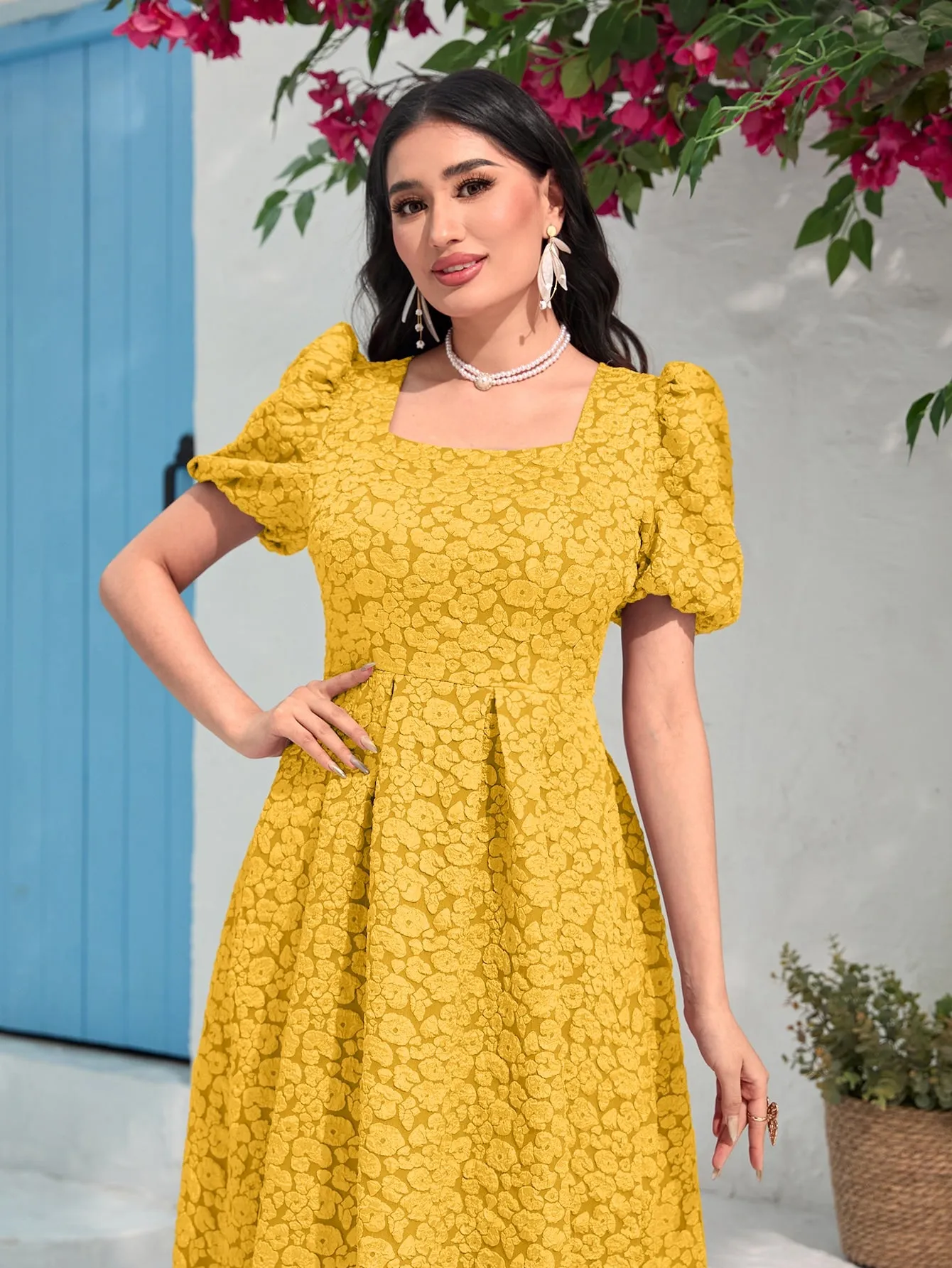 Modely Jacquard Square Neck Puff Sleeve Dress Without Belt