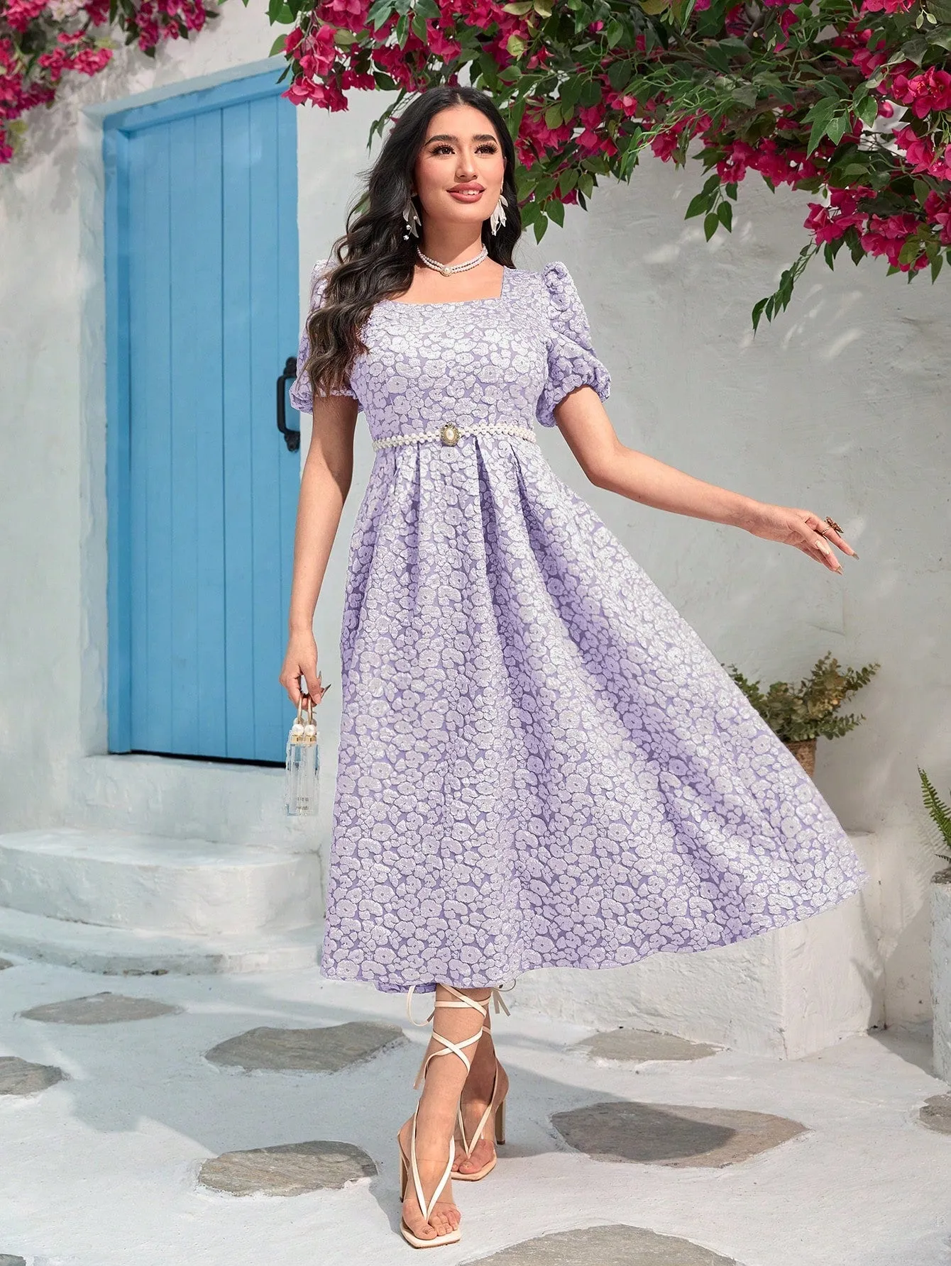 Modely Jacquard Square Neck Puff Sleeve Dress Without Belt