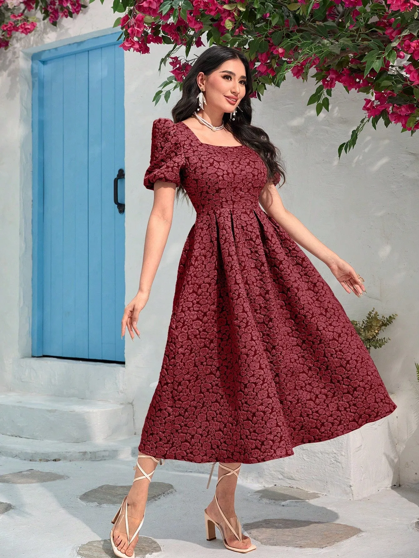 Modely Jacquard Square Neck Puff Sleeve Dress Without Belt