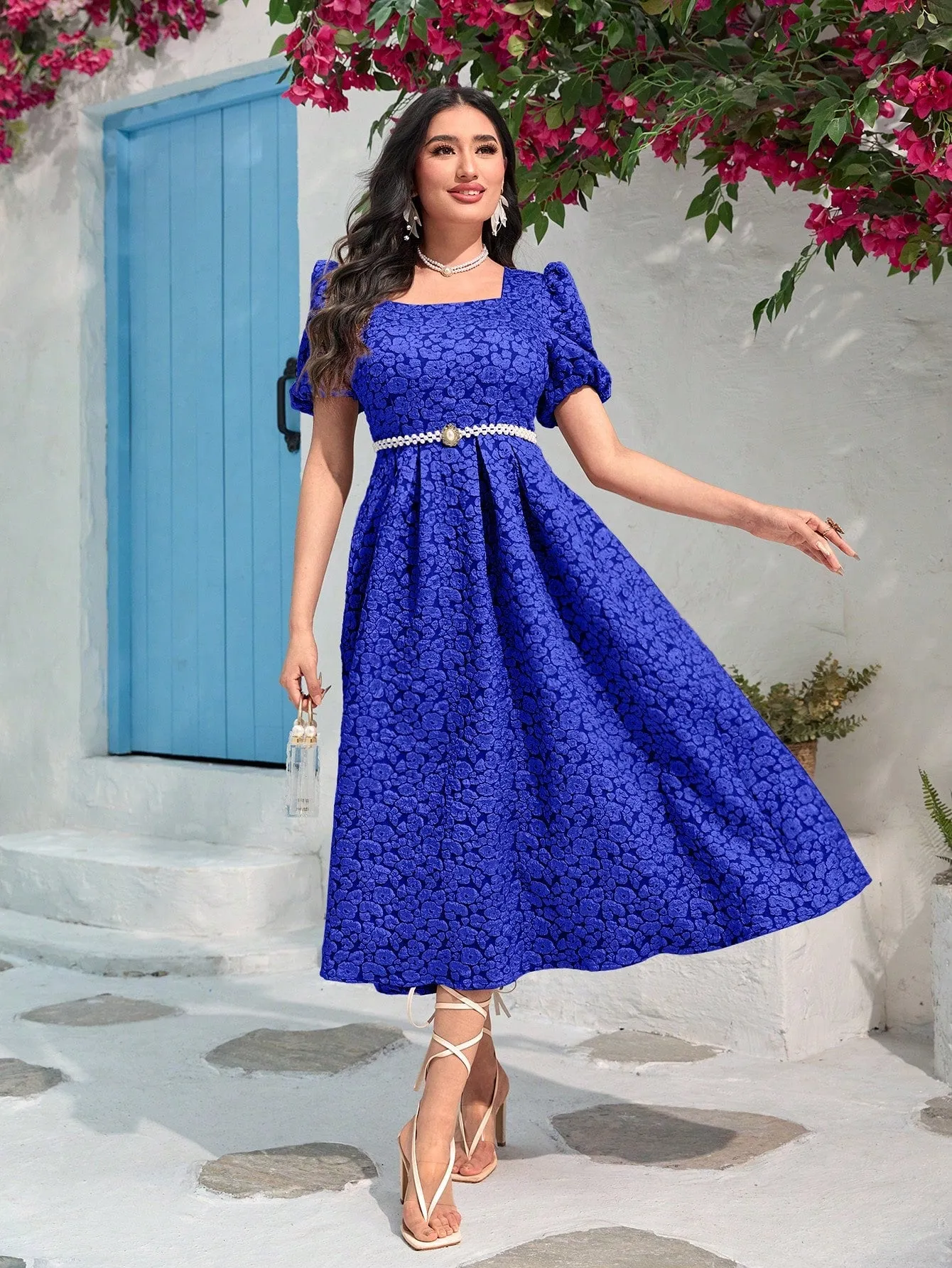 Modely Jacquard Square Neck Puff Sleeve Dress Without Belt