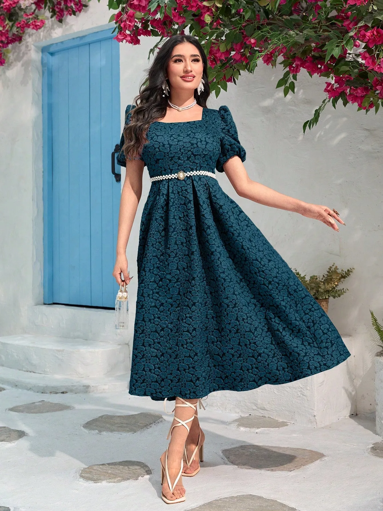 Modely Jacquard Square Neck Puff Sleeve Dress Without Belt