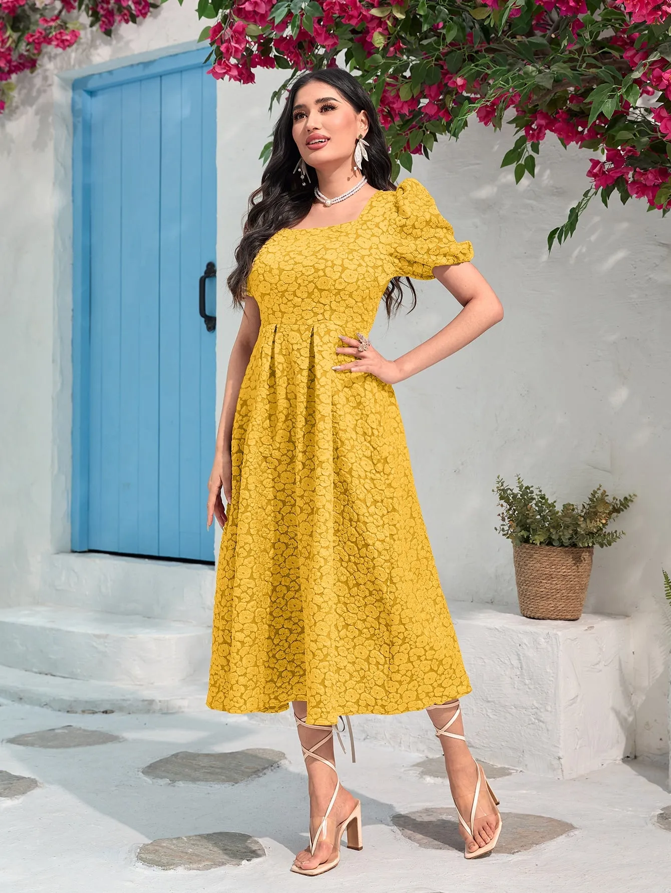 Modely Jacquard Square Neck Puff Sleeve Dress Without Belt