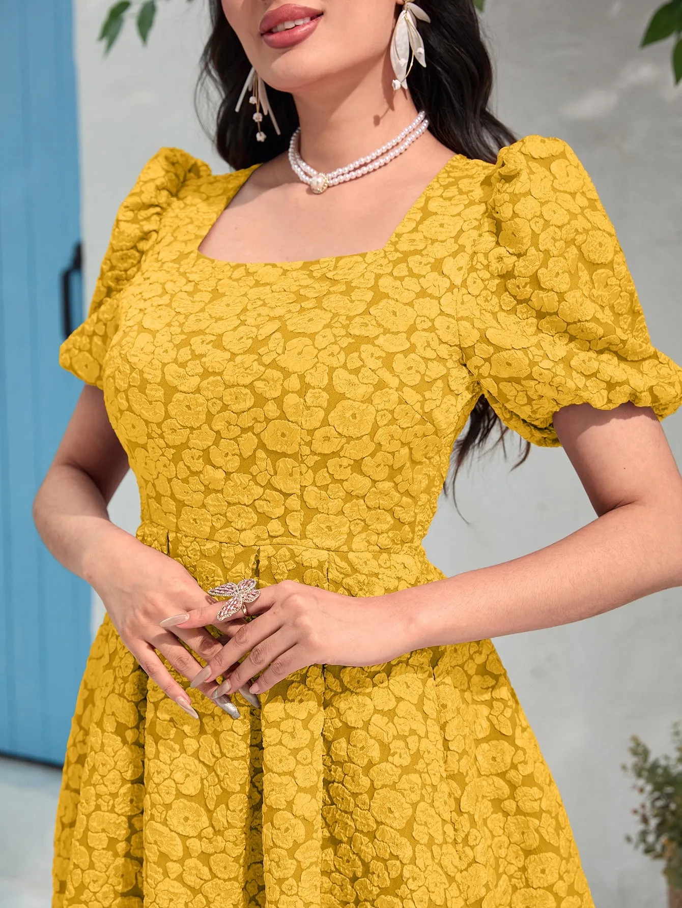 Modely Jacquard Square Neck Puff Sleeve Dress Without Belt