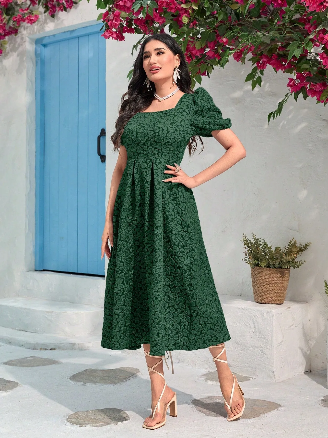 Modely Jacquard Square Neck Puff Sleeve Dress Without Belt