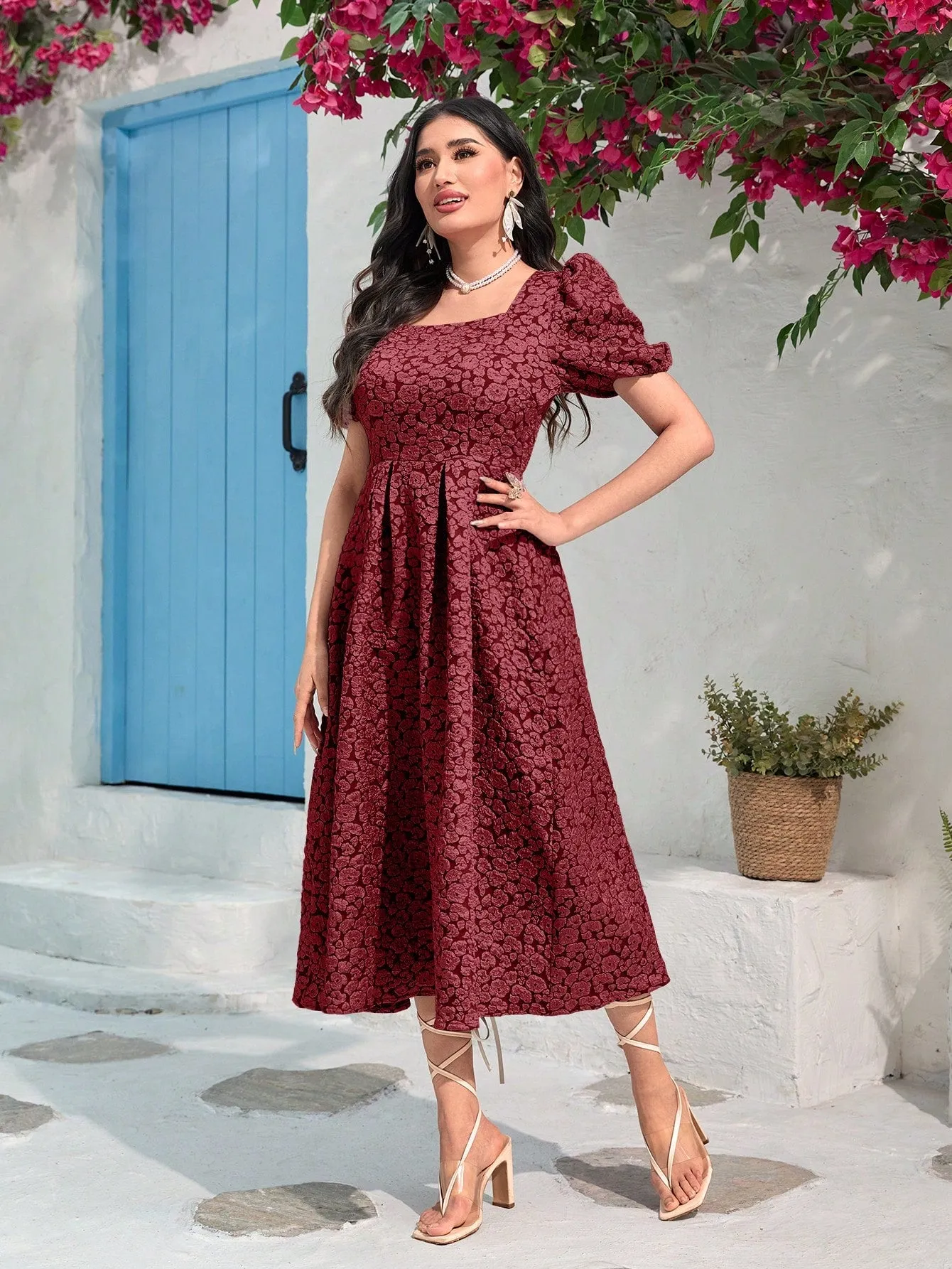 Modely Jacquard Square Neck Puff Sleeve Dress Without Belt