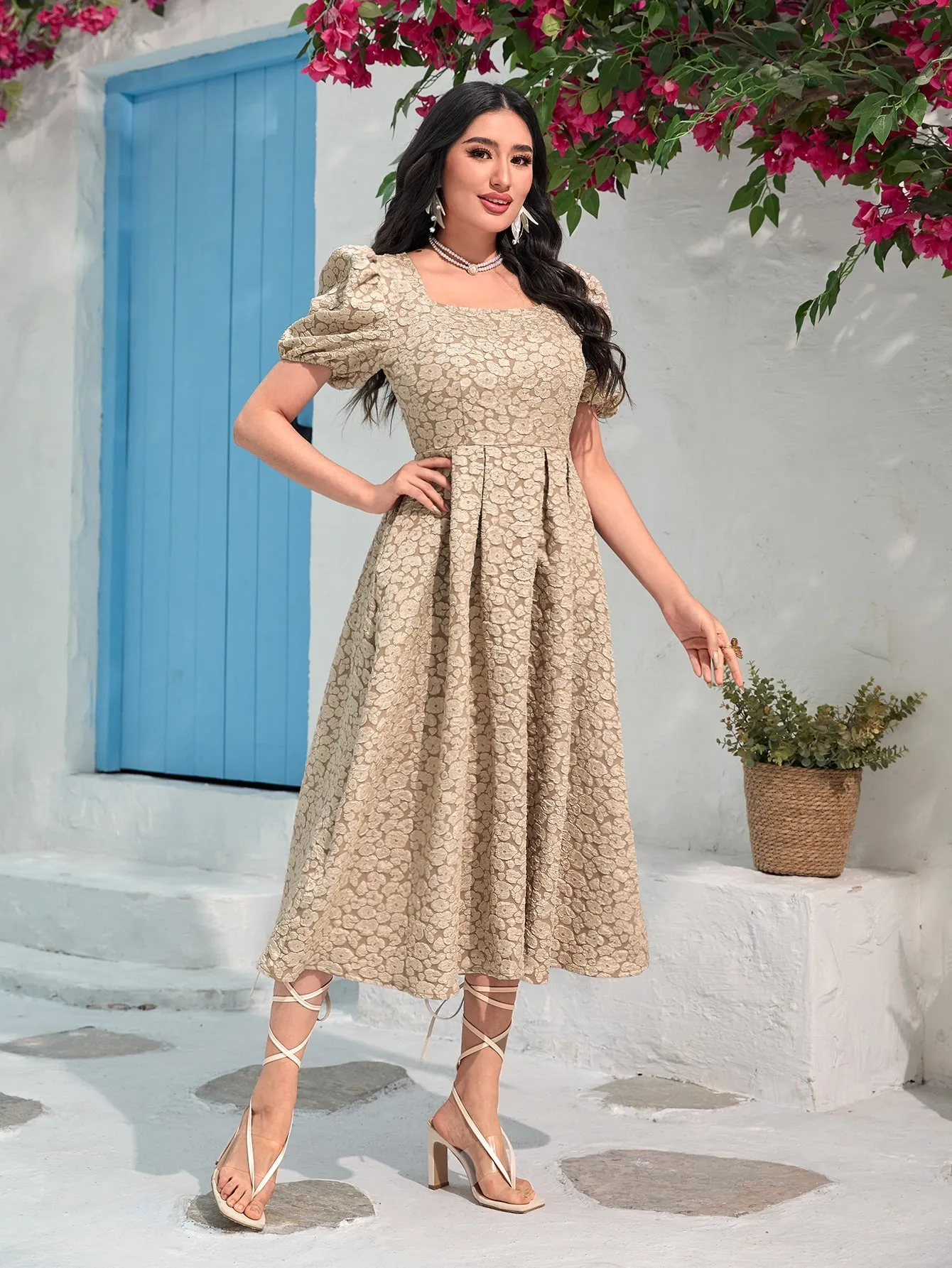 Modely Jacquard Square Neck Puff Sleeve Dress Without Belt