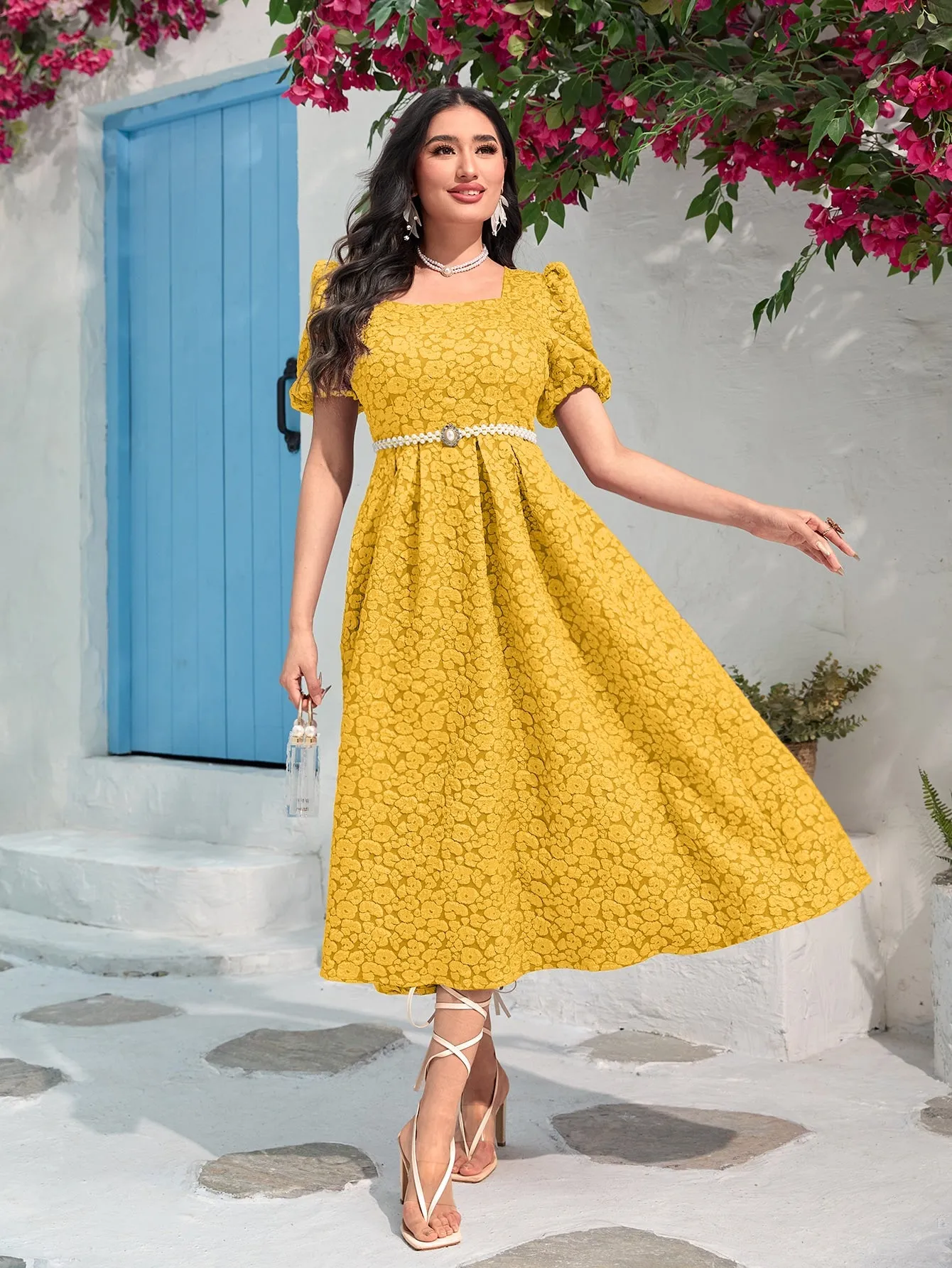Modely Jacquard Square Neck Puff Sleeve Dress Without Belt