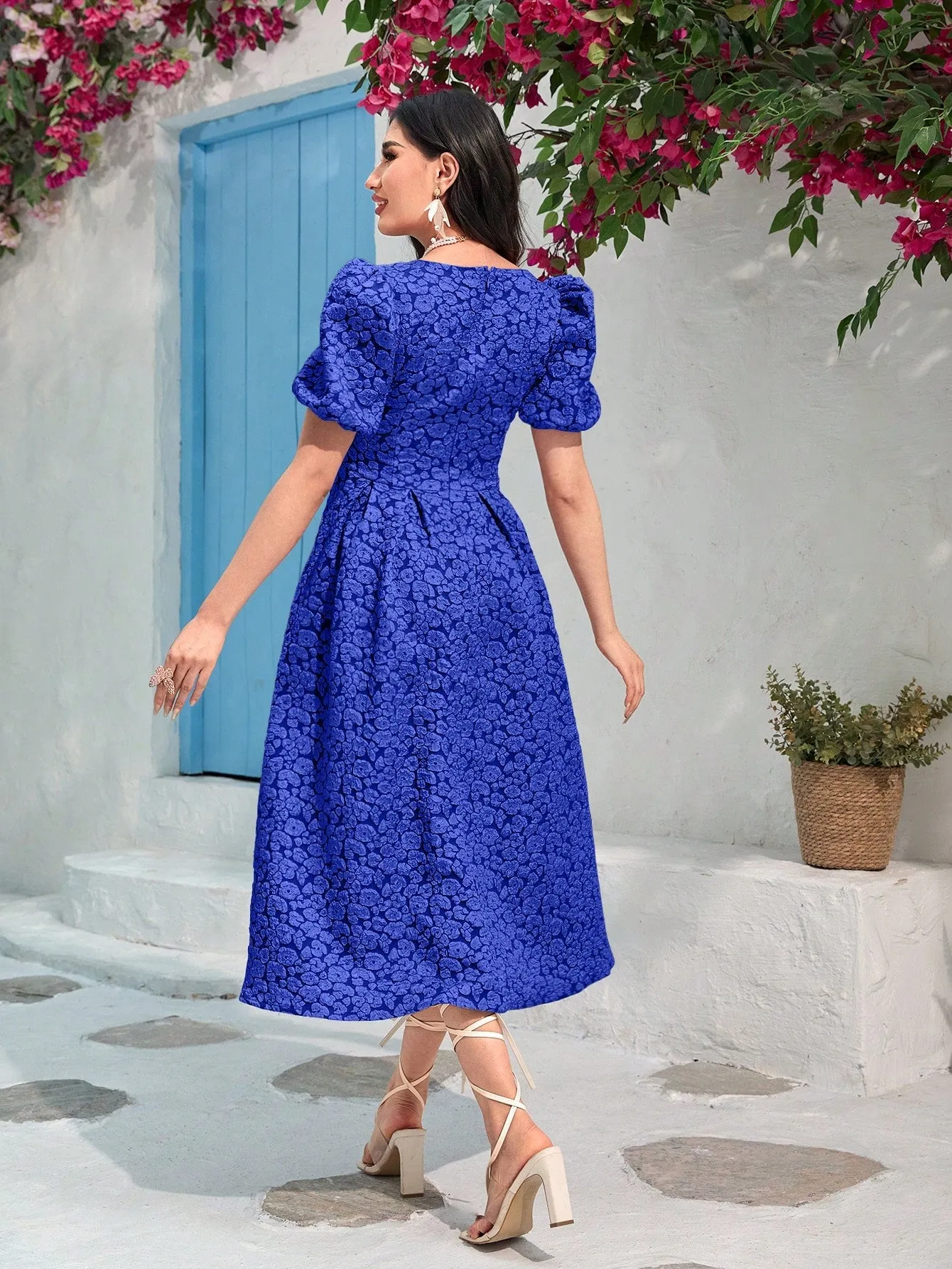 Modely Jacquard Square Neck Puff Sleeve Dress Without Belt
