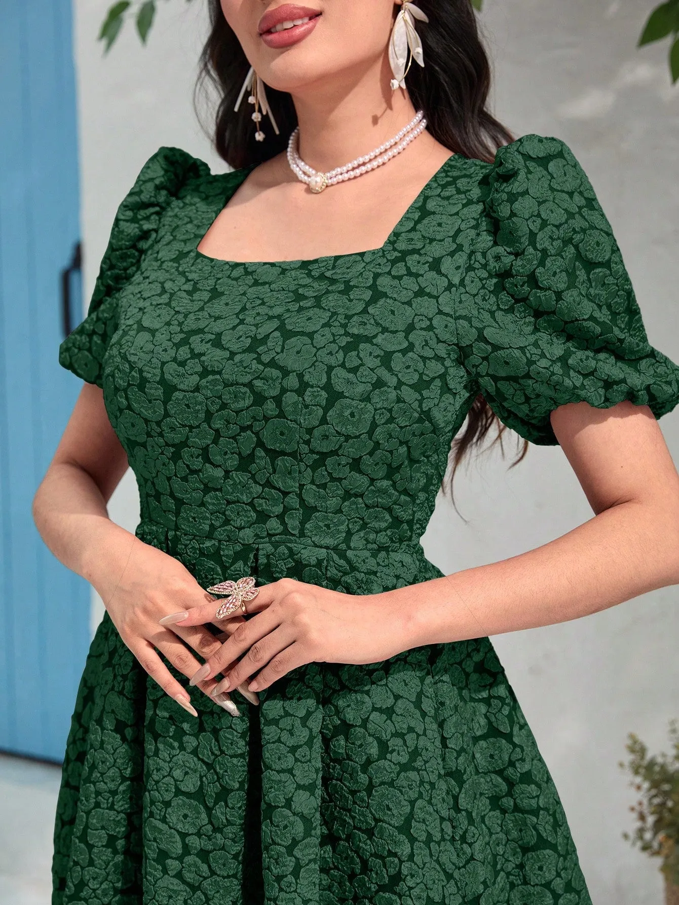 Modely Jacquard Square Neck Puff Sleeve Dress Without Belt