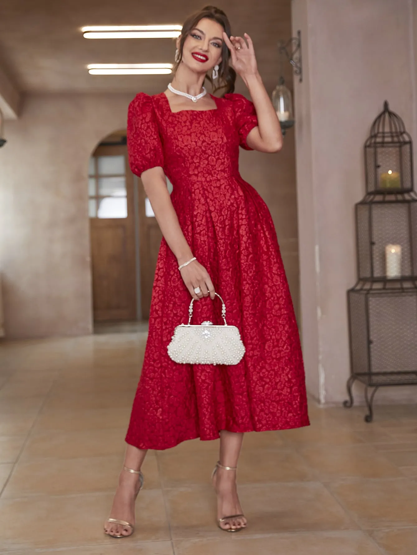 Modely Jacquard Square Neck Puff Sleeve Dress Without Belt
