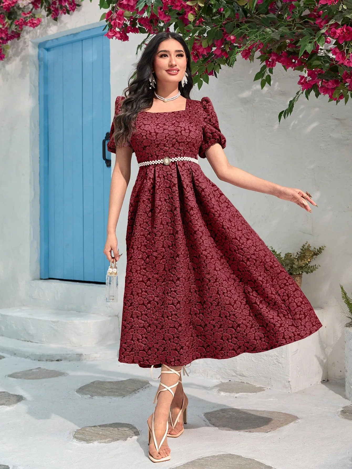 Modely Jacquard Square Neck Puff Sleeve Dress Without Belt