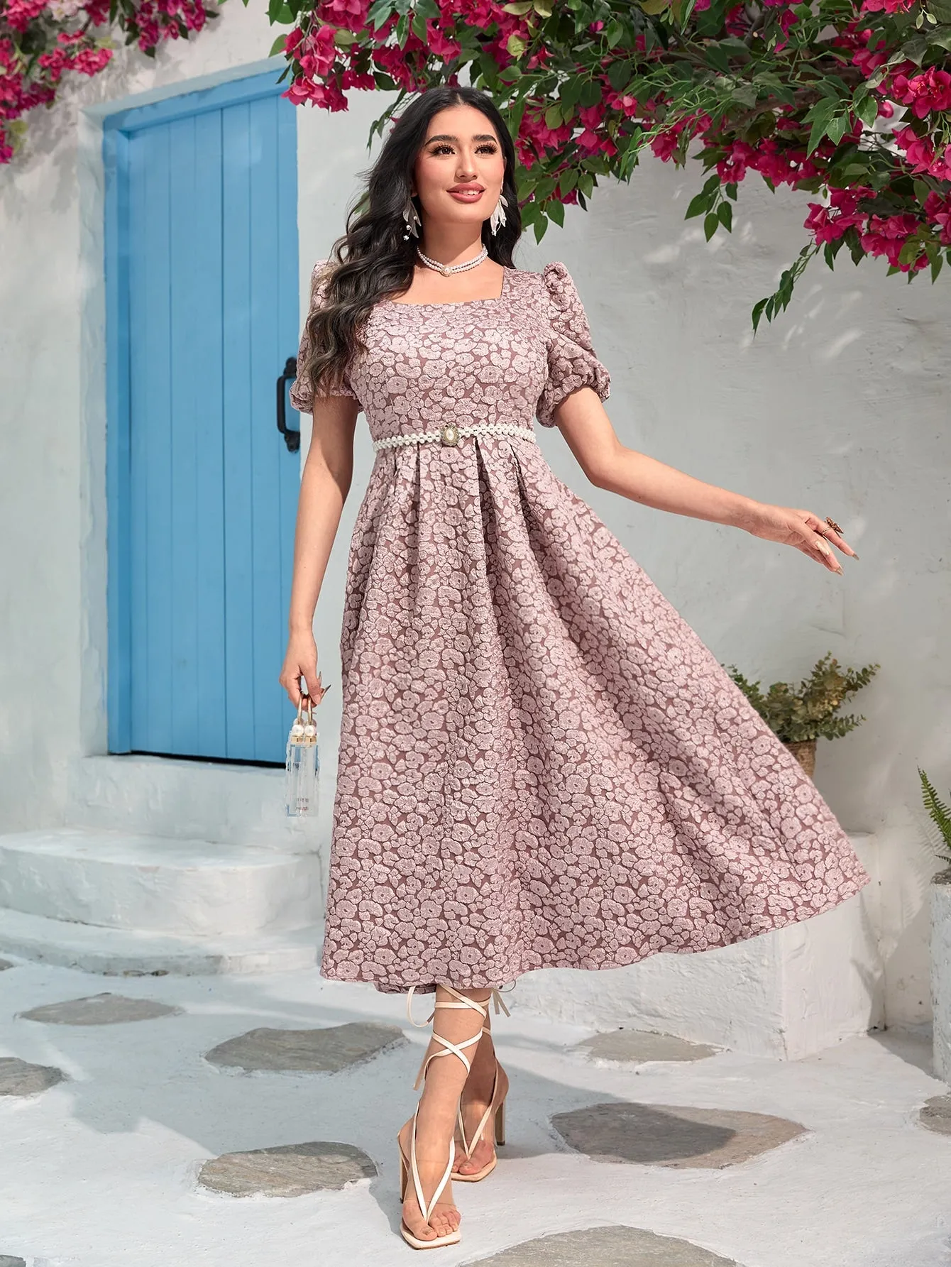 Modely Jacquard Square Neck Puff Sleeve Dress Without Belt