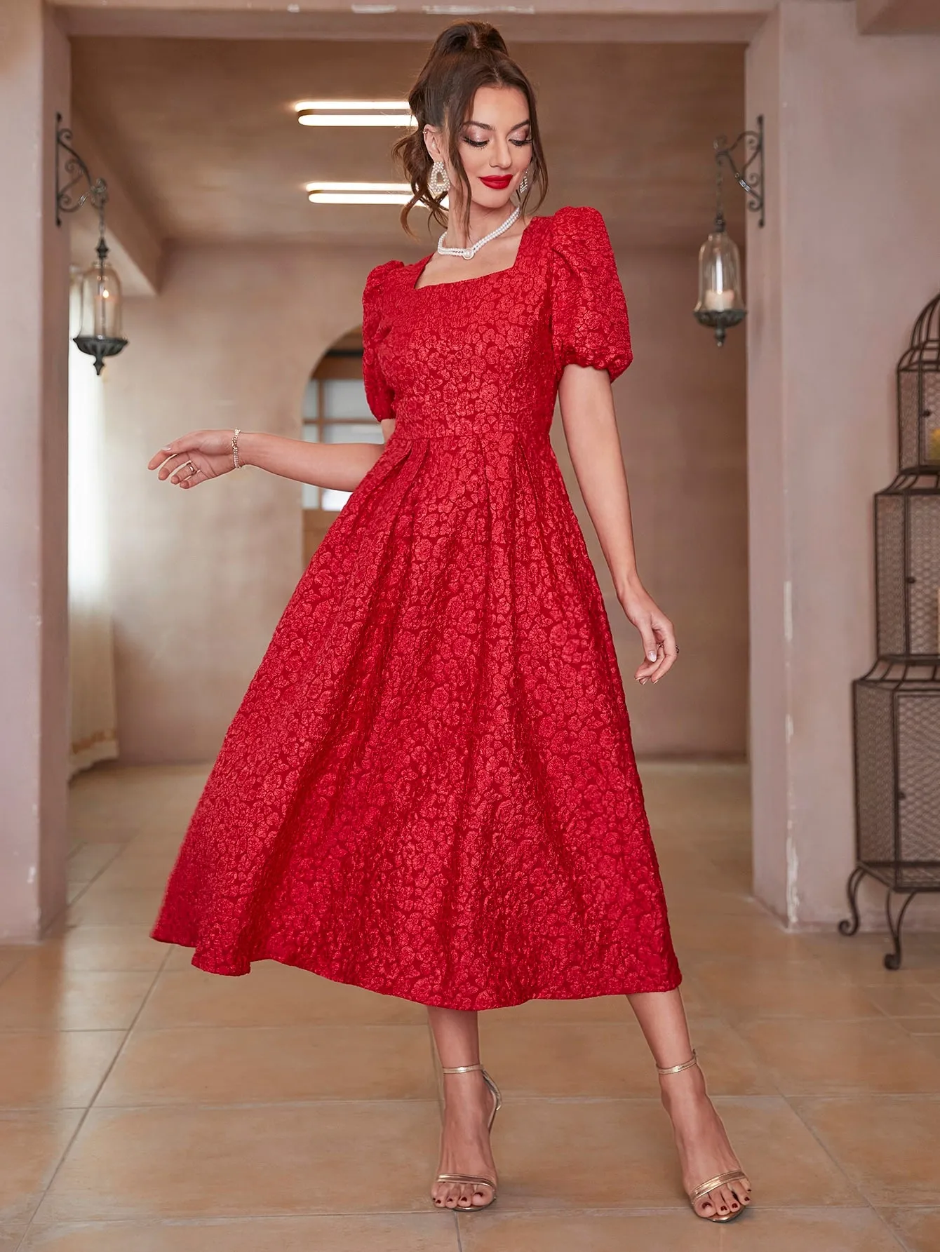 Modely Jacquard Square Neck Puff Sleeve Dress Without Belt