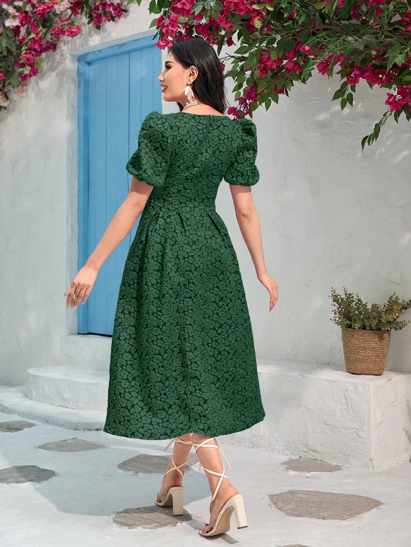 Modely Jacquard Square Neck Puff Sleeve Dress Without Belt