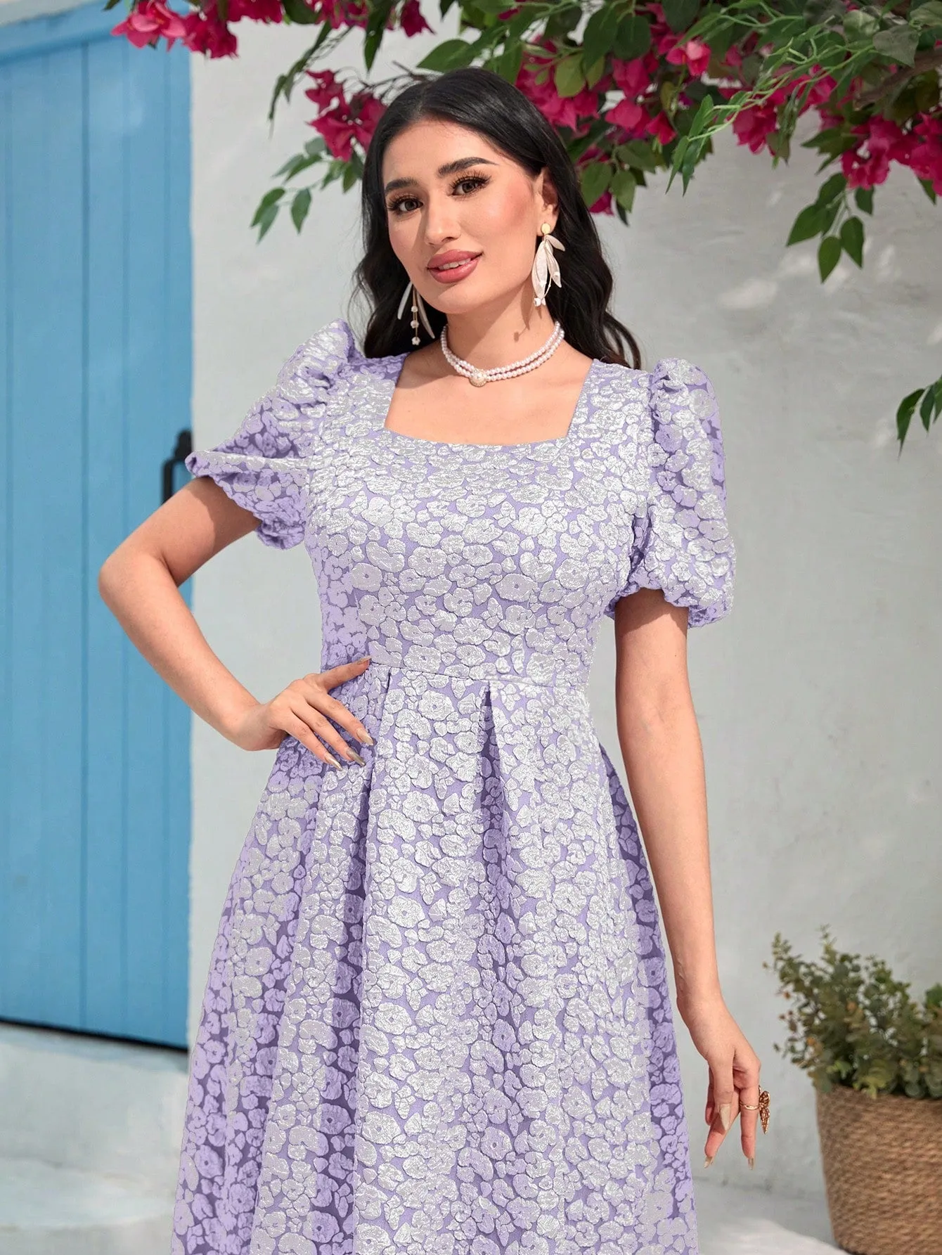 Modely Jacquard Square Neck Puff Sleeve Dress Without Belt