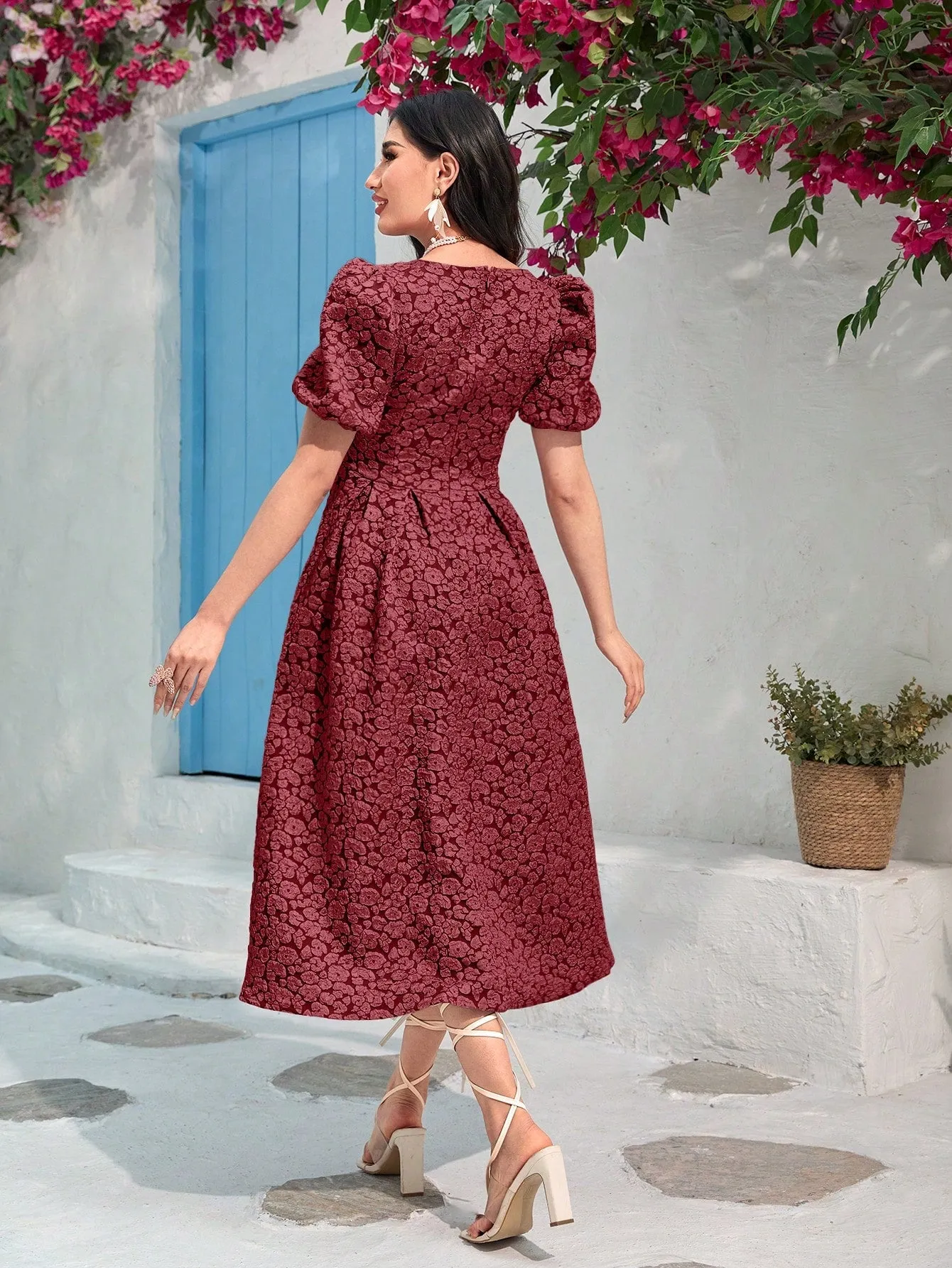 Modely Jacquard Square Neck Puff Sleeve Dress Without Belt