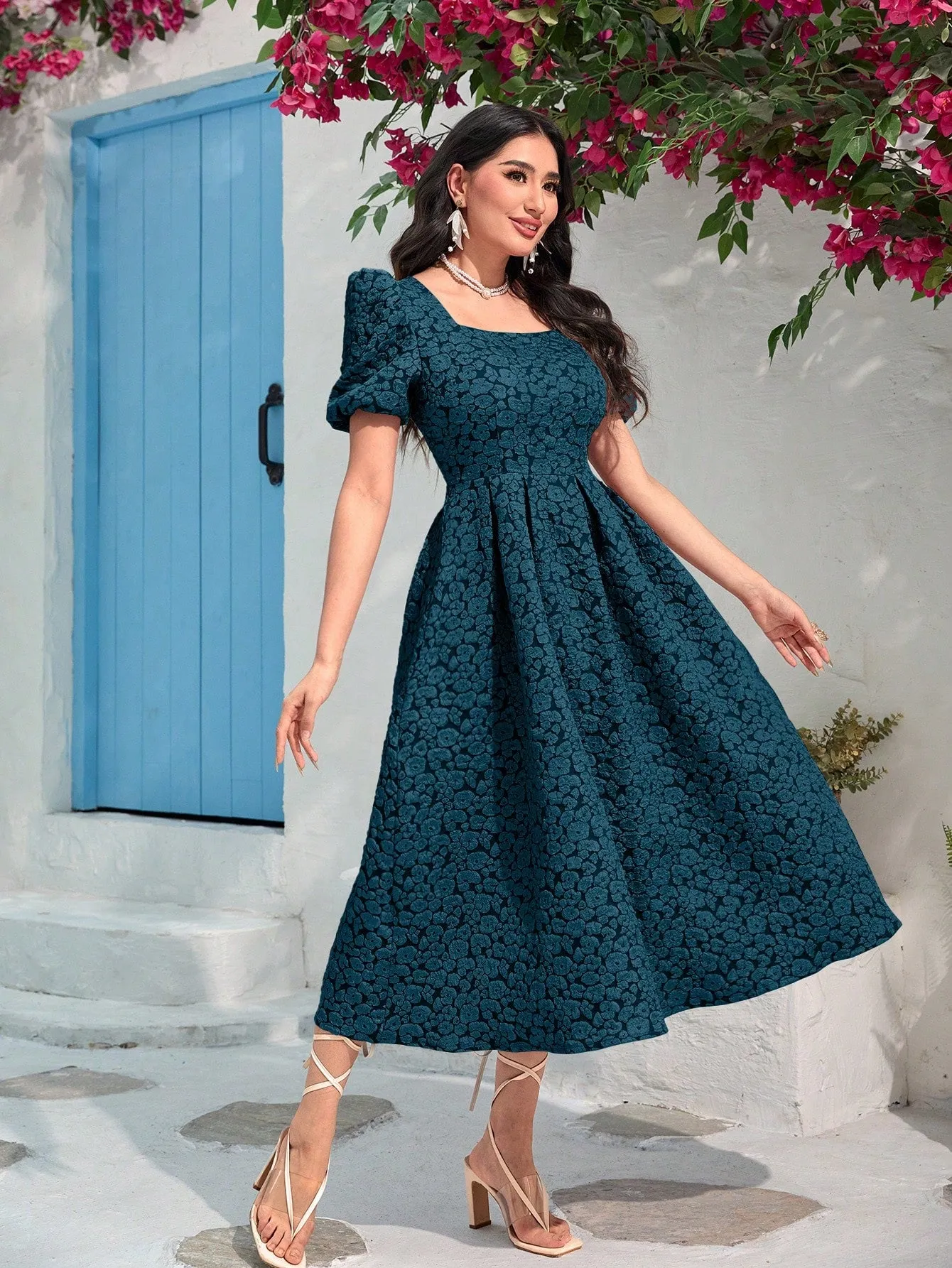 Modely Jacquard Square Neck Puff Sleeve Dress Without Belt
