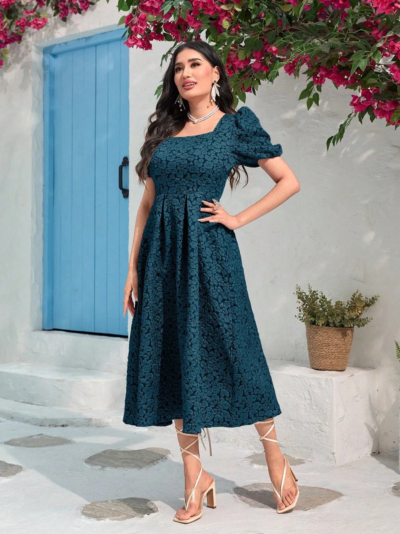 Modely Jacquard Square Neck Puff Sleeve Dress Without Belt