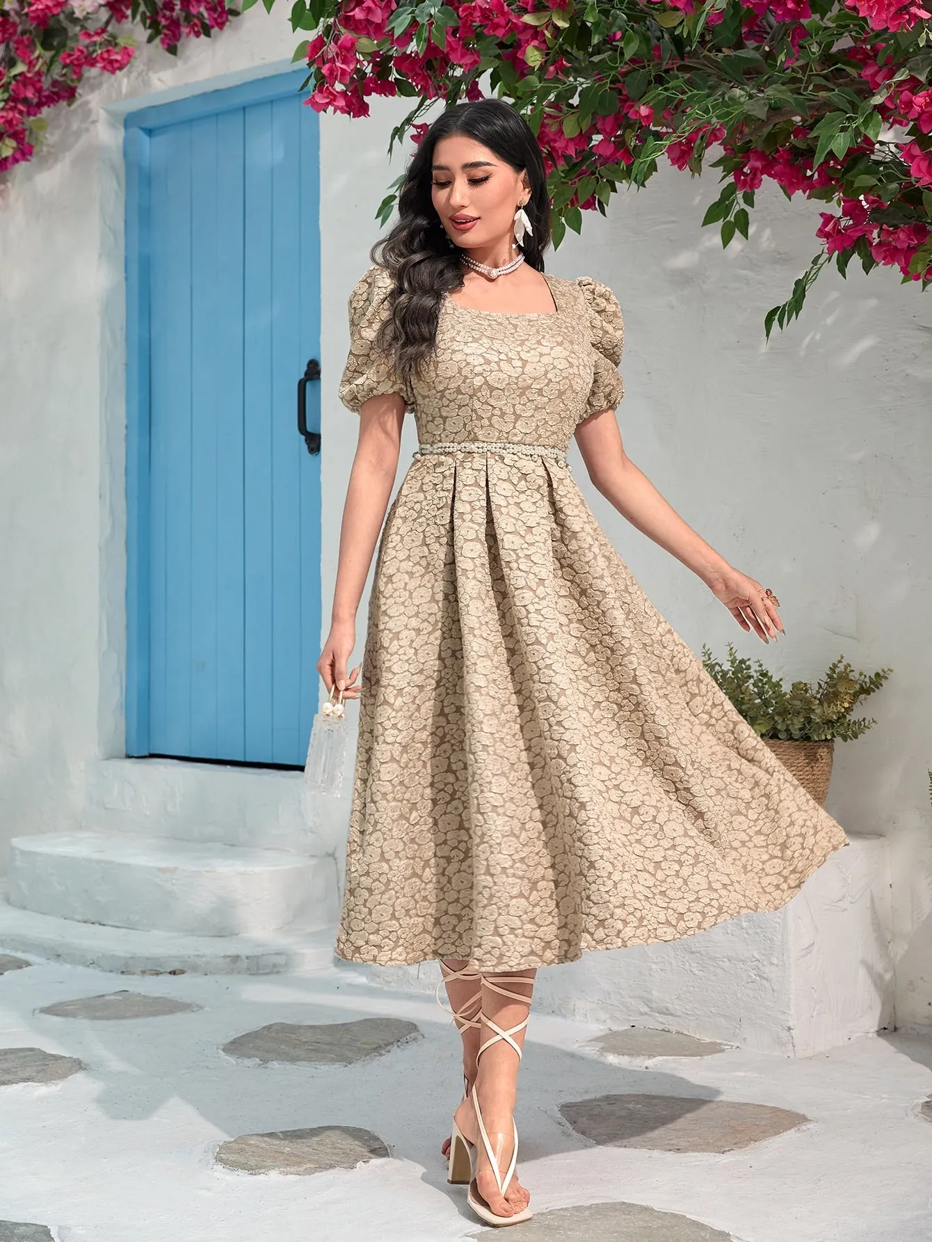 Modely Jacquard Square Neck Puff Sleeve Dress Without Belt