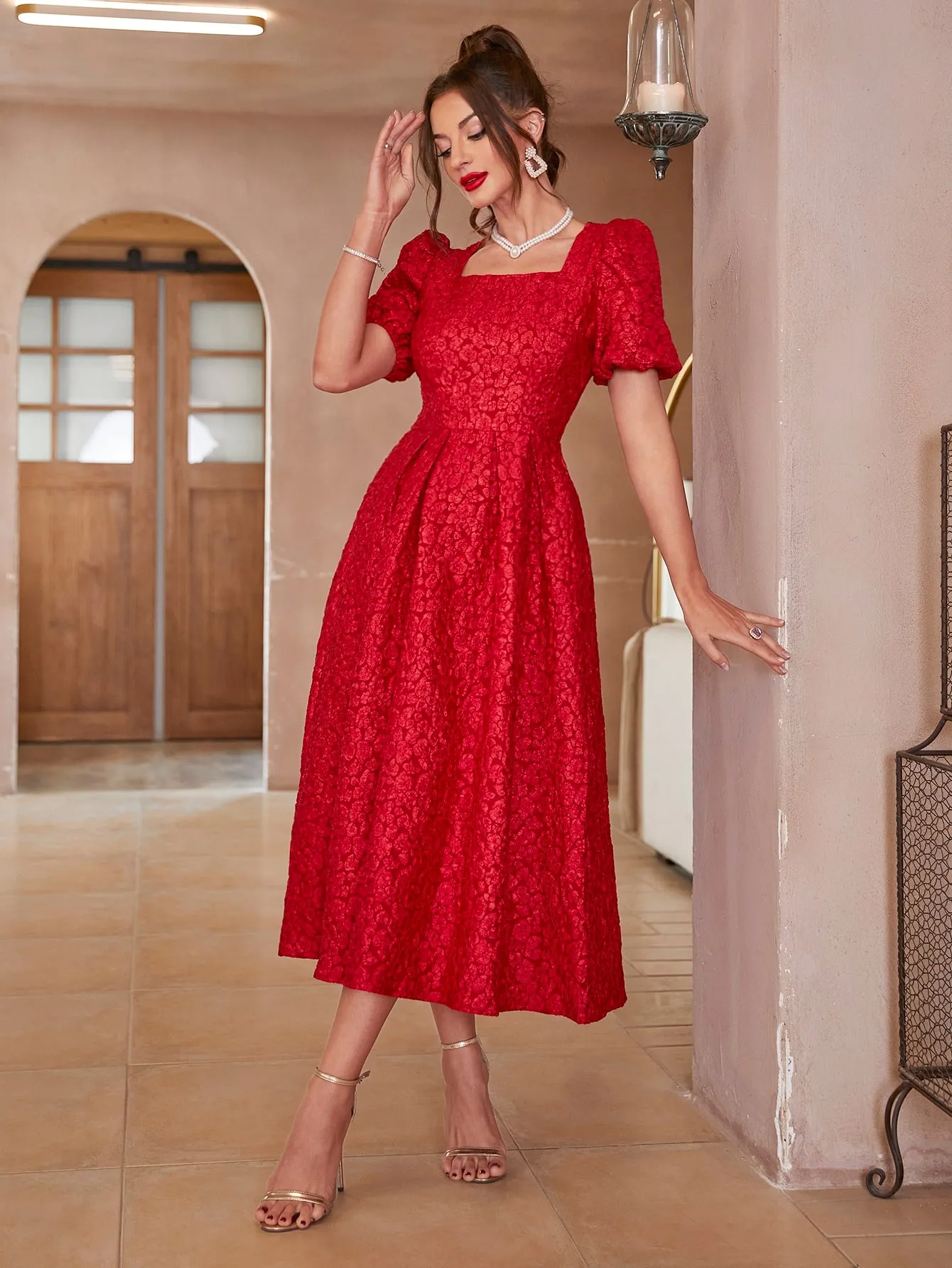 Modely Jacquard Square Neck Puff Sleeve Dress Without Belt