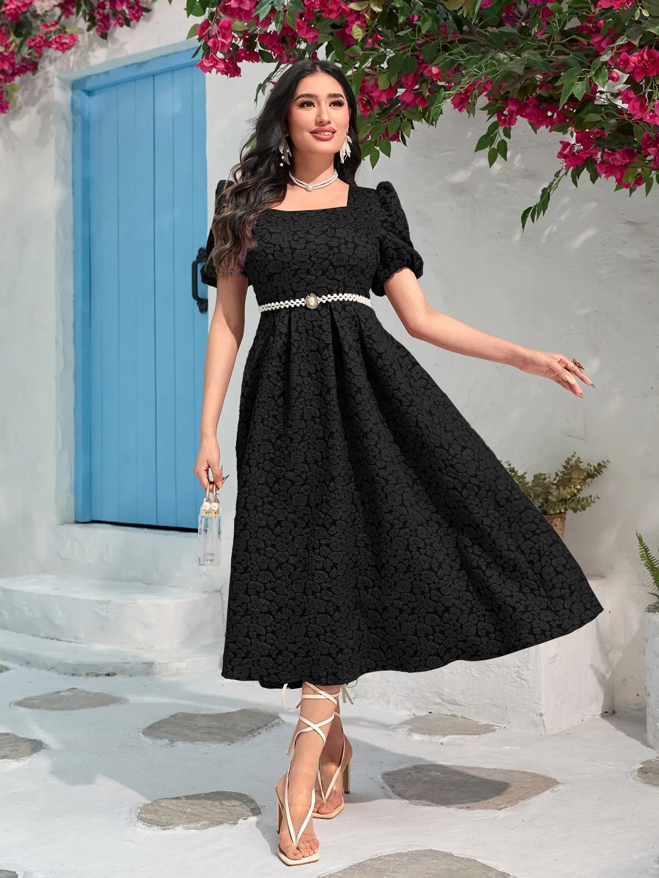 Modely Jacquard Square Neck Puff Sleeve Dress Without Belt