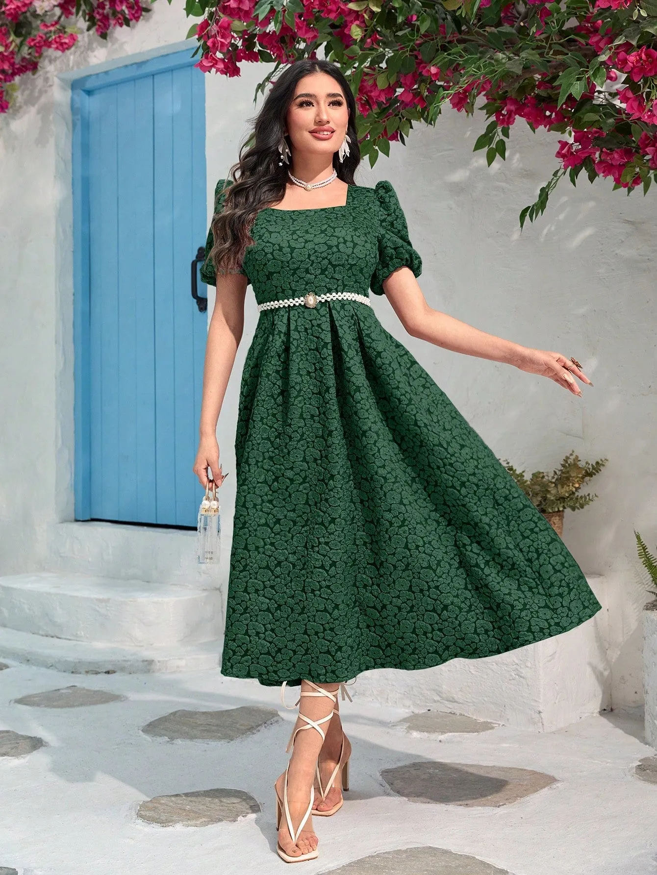 Modely Jacquard Square Neck Puff Sleeve Dress Without Belt