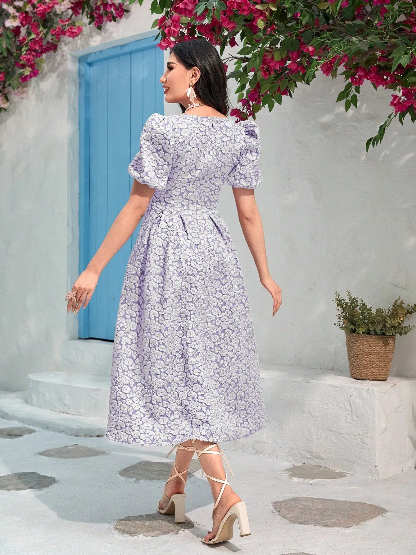 Modely Jacquard Square Neck Puff Sleeve Dress Without Belt