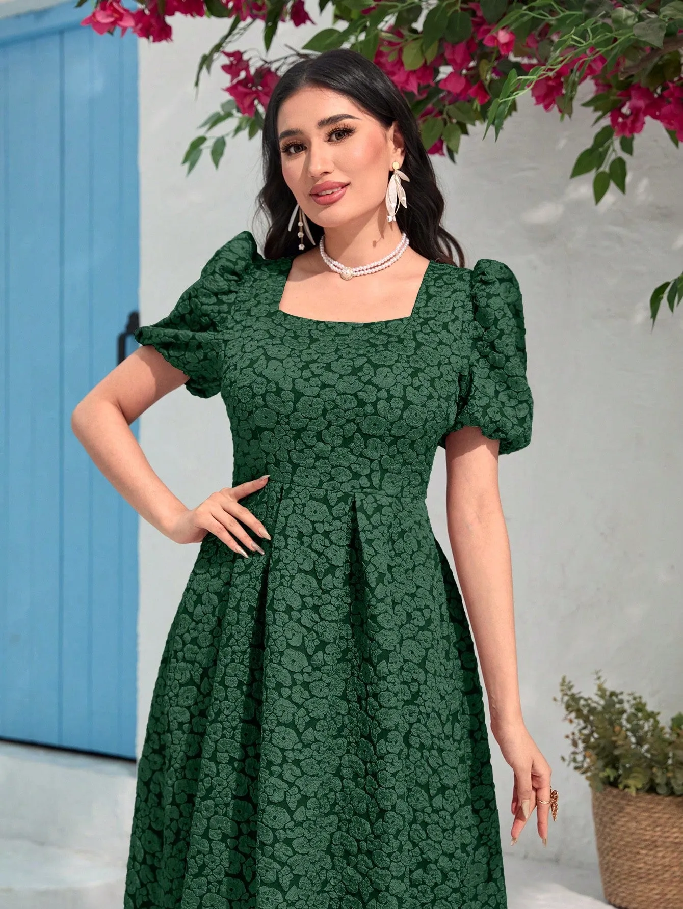 Modely Jacquard Square Neck Puff Sleeve Dress Without Belt