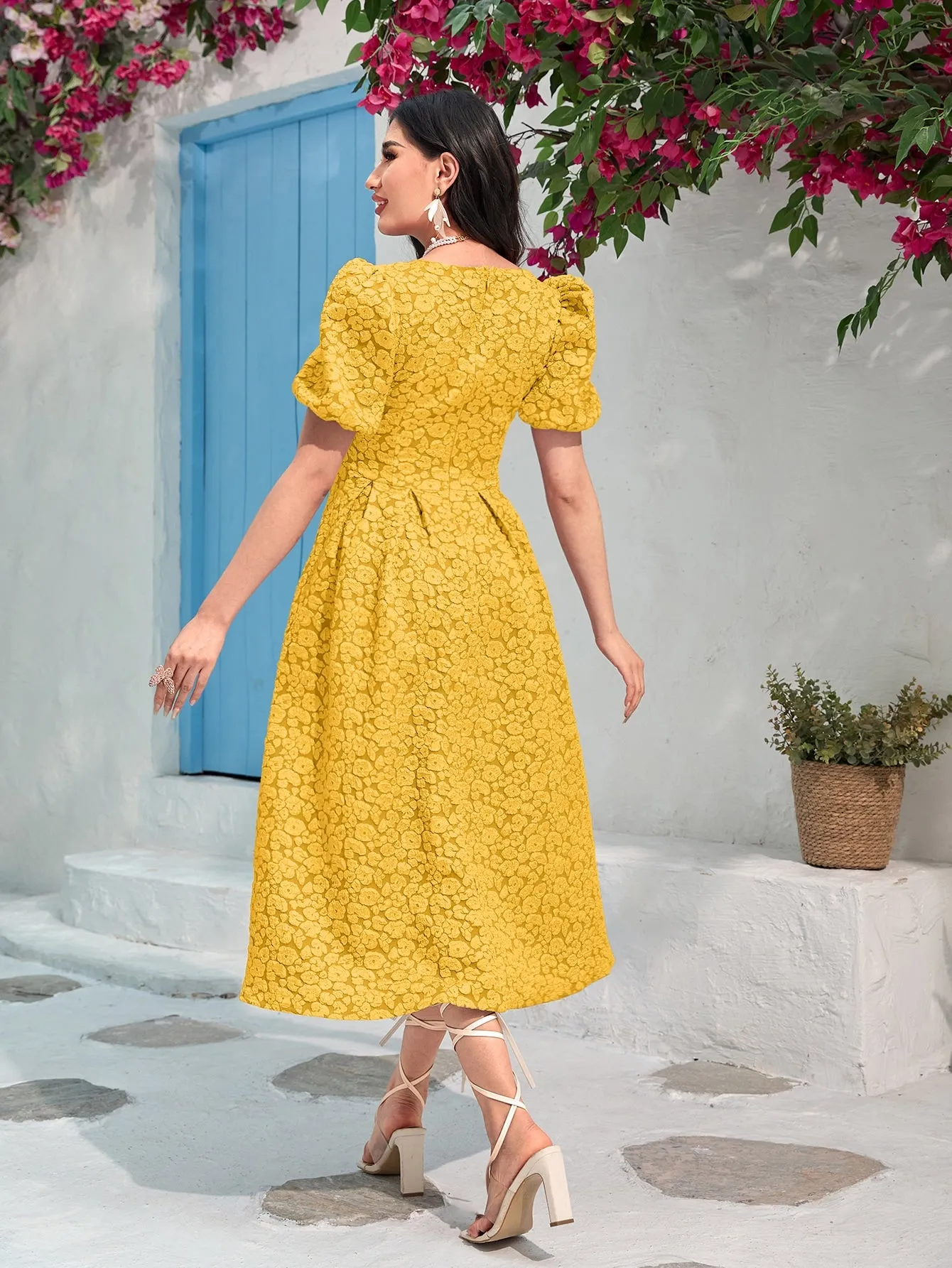Modely Jacquard Square Neck Puff Sleeve Dress Without Belt