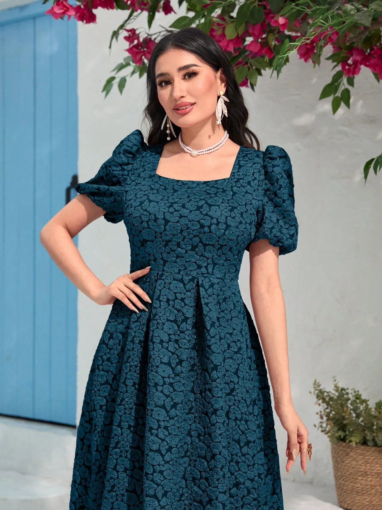 Modely Jacquard Square Neck Puff Sleeve Dress Without Belt