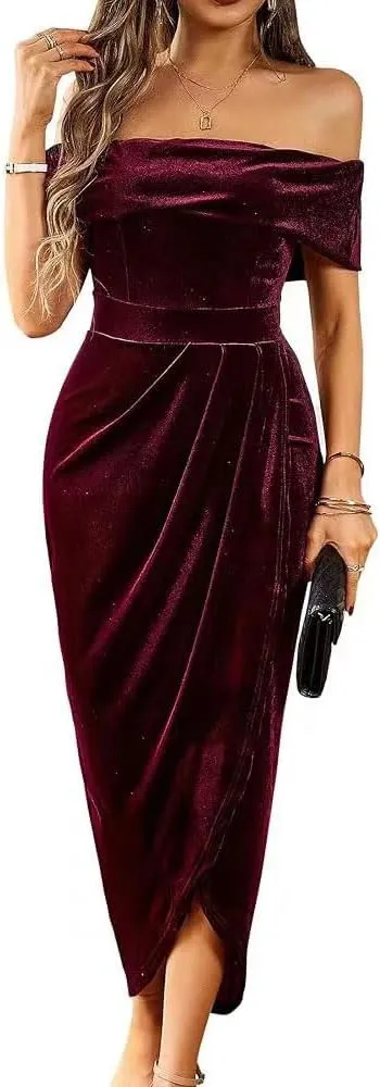 Off The Shoulder Vintage Velvet Bodycon Midi Dress for Women Wrap Slit Elegant Cocktail Party Evening Pencil Dress