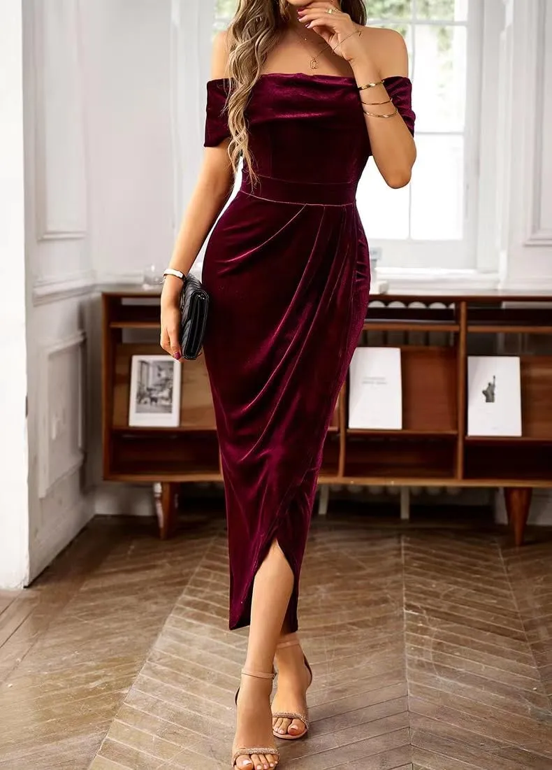 Off The Shoulder Vintage Velvet Bodycon Midi Dress for Women Wrap Slit Elegant Cocktail Party Evening Pencil Dress