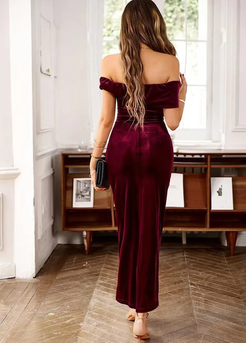 Off The Shoulder Vintage Velvet Bodycon Midi Dress for Women Wrap Slit Elegant Cocktail Party Evening Pencil Dress