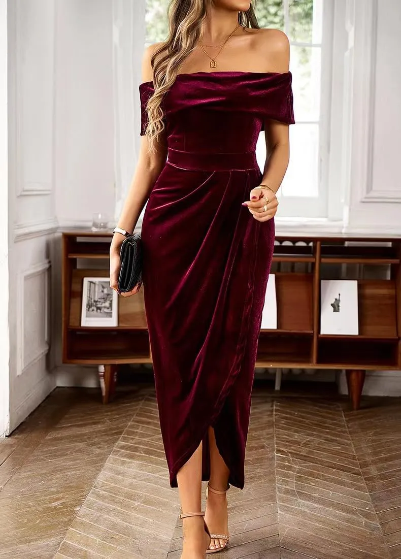 Off The Shoulder Vintage Velvet Bodycon Midi Dress for Women Wrap Slit Elegant Cocktail Party Evening Pencil Dress