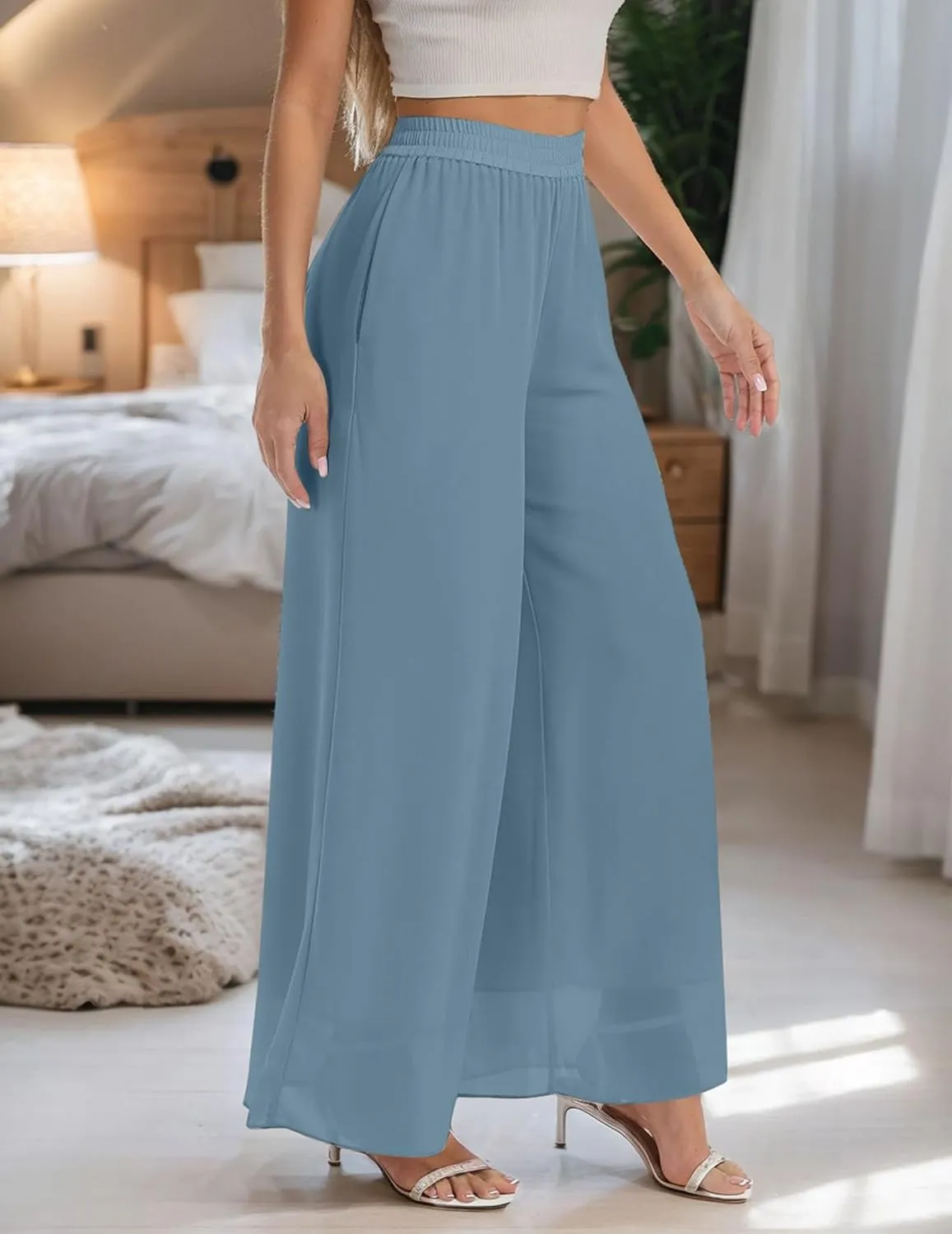 Palazzo Pants for Women Dressy Summer Casual Boho Chiffon Wide Leg Pants Elegant Flowy Beach Pants