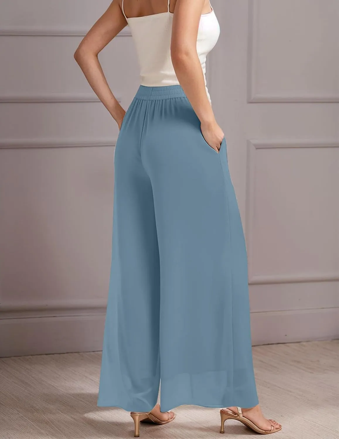 Palazzo Pants for Women Dressy Summer Casual Boho Chiffon Wide Leg Pants Elegant Flowy Beach Pants